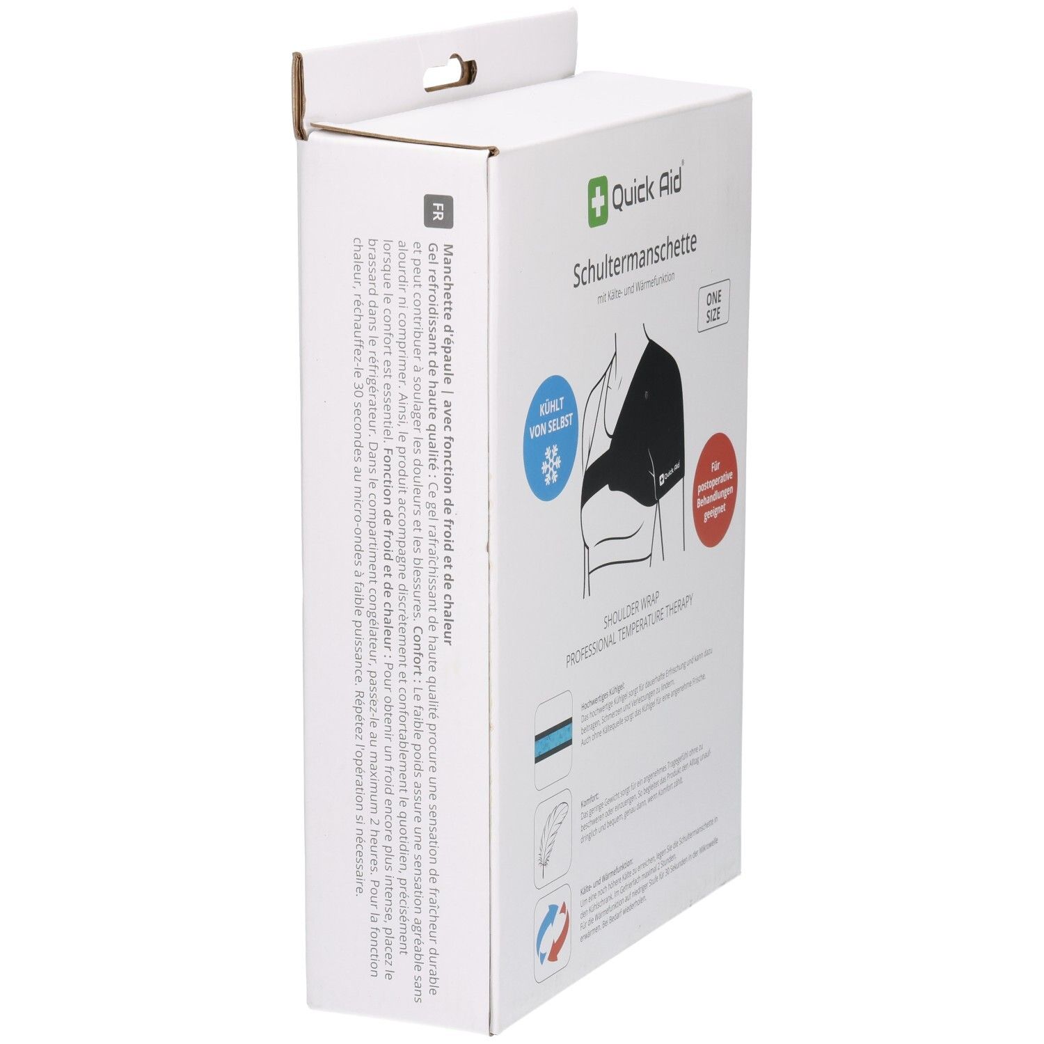 Seitenansicht der Verpackung der QUICK AID Schultermanschette mit detaillierten Anwendungshinweisen.
