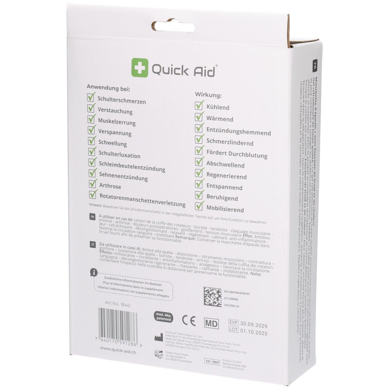 Rückseite der QUICK AID Schultermanschette-Verpackung mit Anwendungs- und Wirkungsliste.