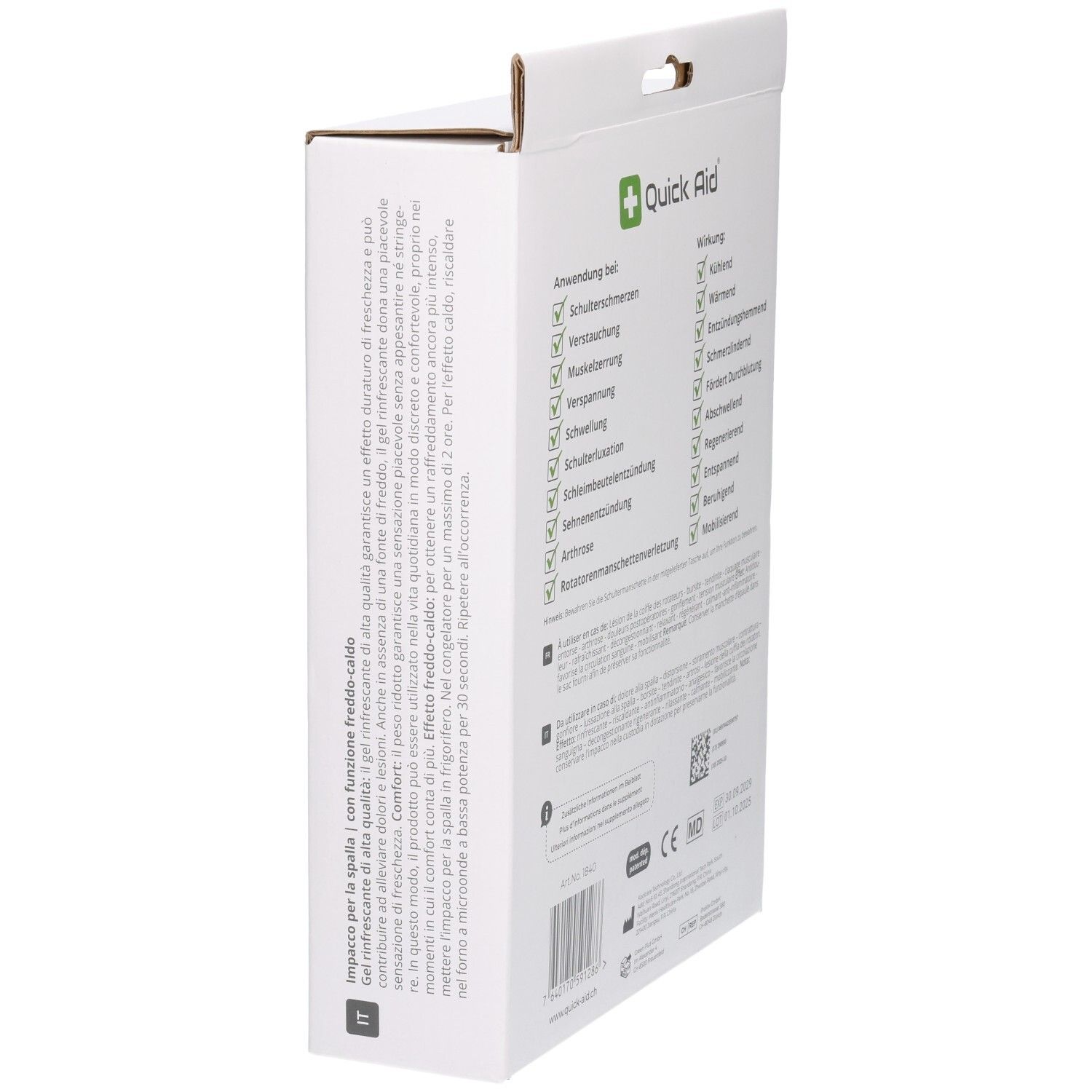Seitenansicht der QUICK AID Schultermanschette-Verpackung mit italienischen Anwendungshinweisen.