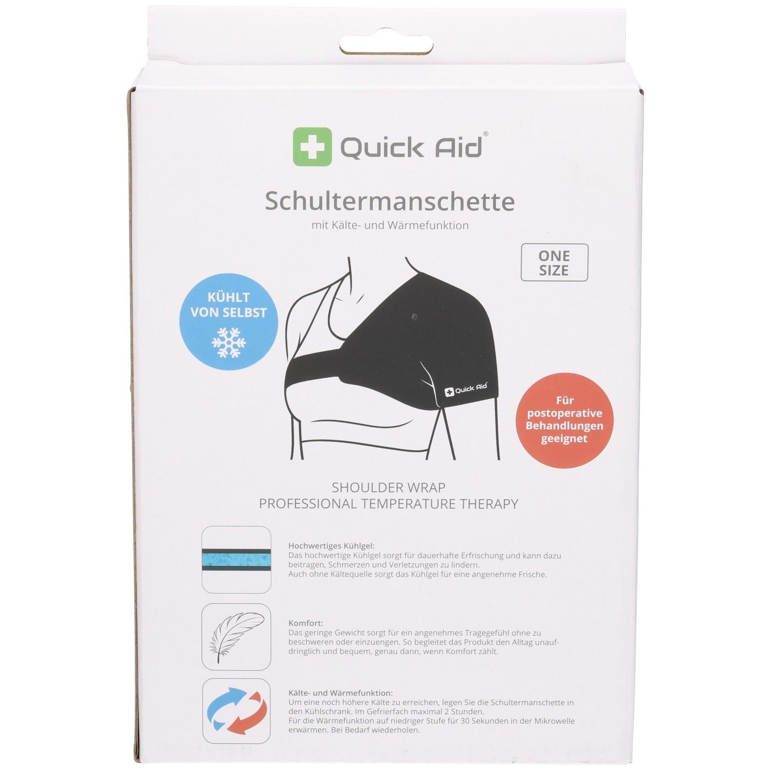 Verpackung der QUICK AID Schultermanschette mit Abbildung und Anwendungshinweisen.