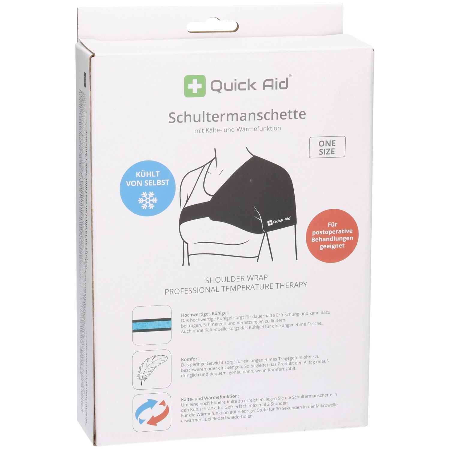Verpackung der QUICK AID Schultermanschette mit Abbildung und Anwendungshinweisen.