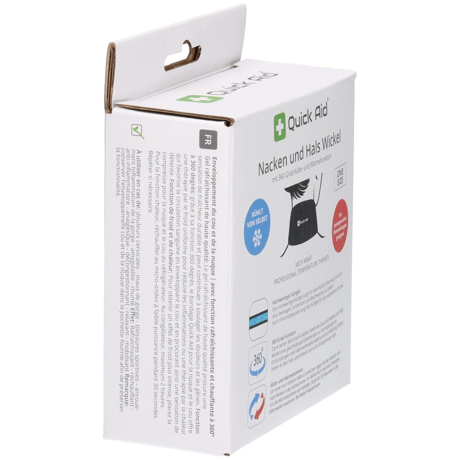 Quick Aid Nacken und Hals Wickel Verpackung, Seitenansicht mit Anwendungshinweisen.