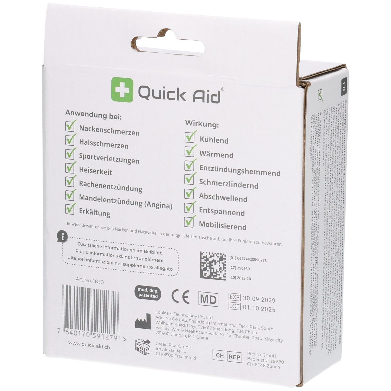 Rückseite der Quick Aid Nacken und Hals Wickel Verpackung mit Anwendungsliste und Zertifizierungen.
