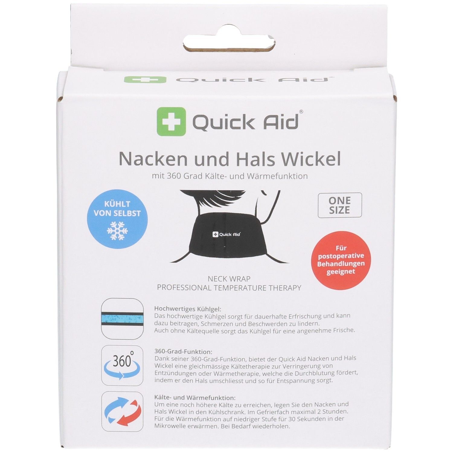 Quick Aid Nacken und Hals Wickel Verpackung mit Kühl- und Wärmefunktion, Vorderseite.