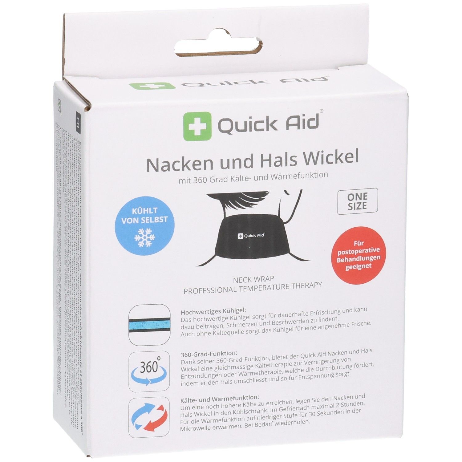 Quick Aid Nacken und Hals Wickel Verpackung mit Kühl- und Wärmefunktion, Vorderseite.