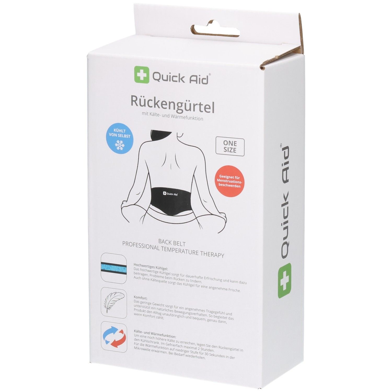 Emballage de la ceinture lombaire Quick Aid avec illustration et instructions d'utilisation.