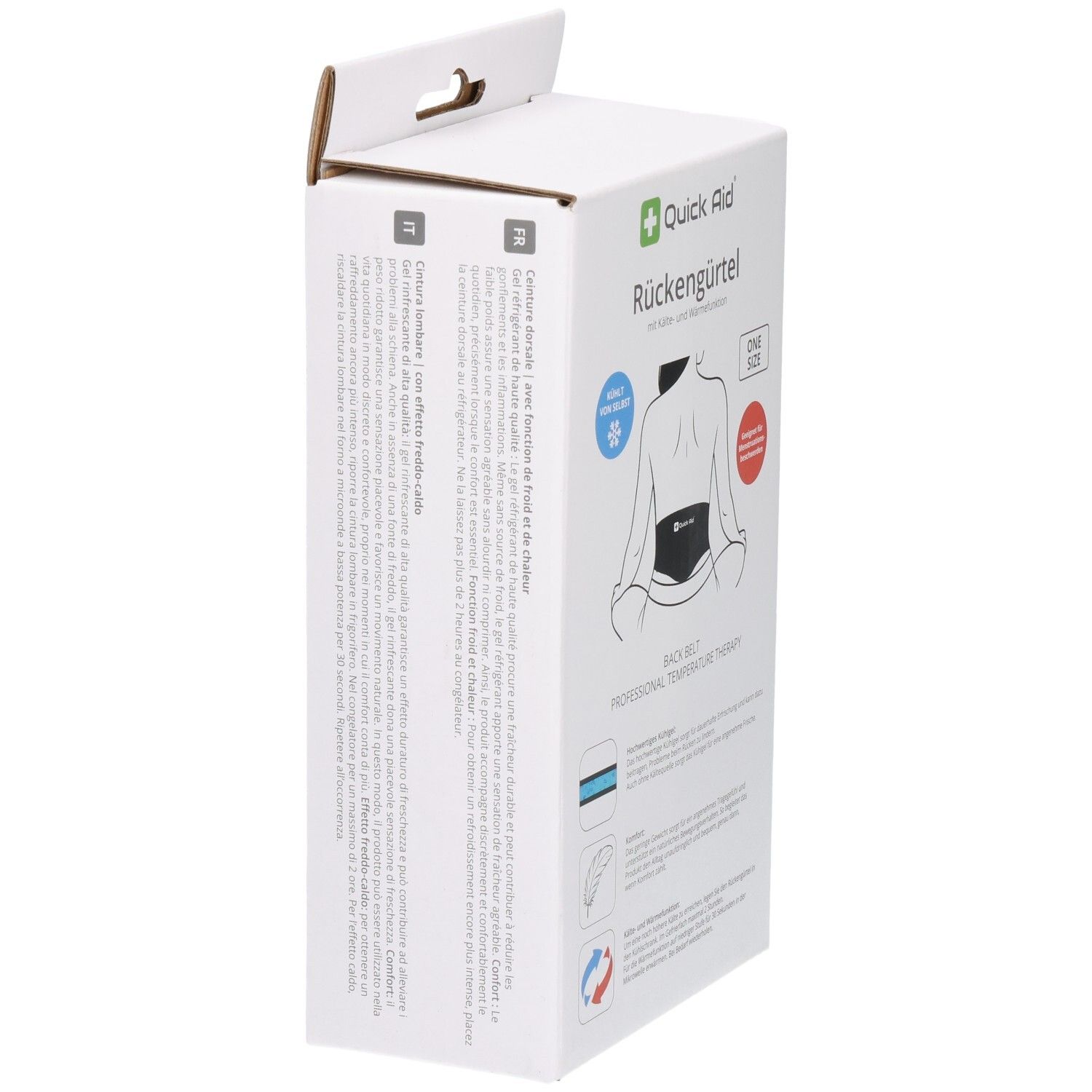 Vue latérale de l'emballage de la ceinture lombaire Quick Aid avec textes multilingues.