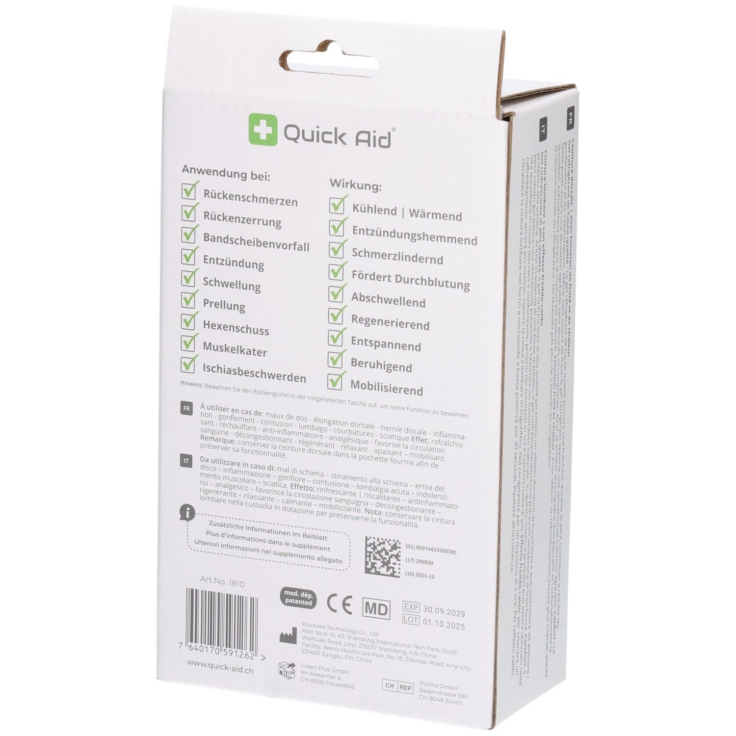 Arrière de l'emballage de la ceinture lombaire Quick Aid avec liste d'applications et d'effets.