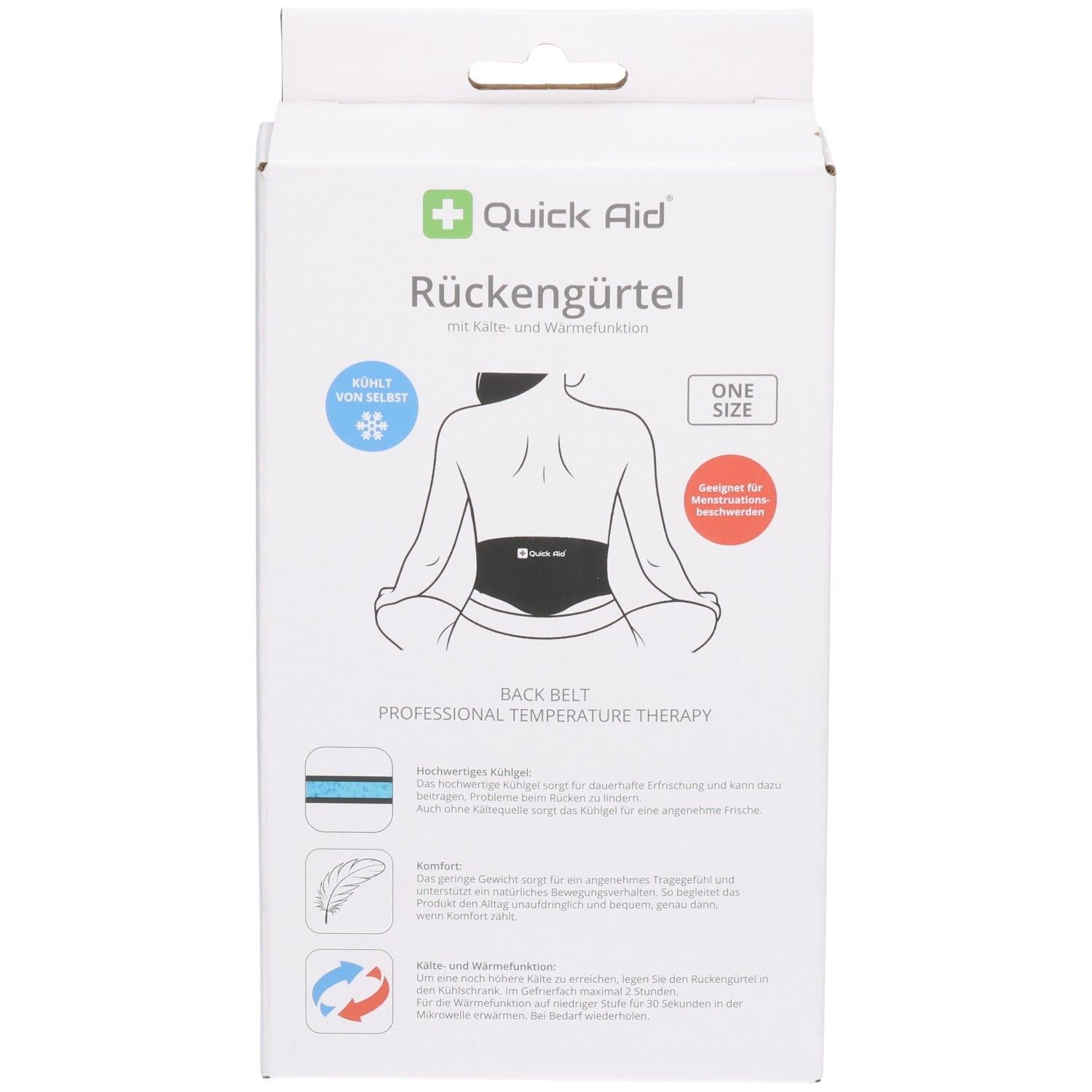 Face avant de l'emballage de la ceinture lombaire Quick Aid avec illustration d'une personne et ceinture.