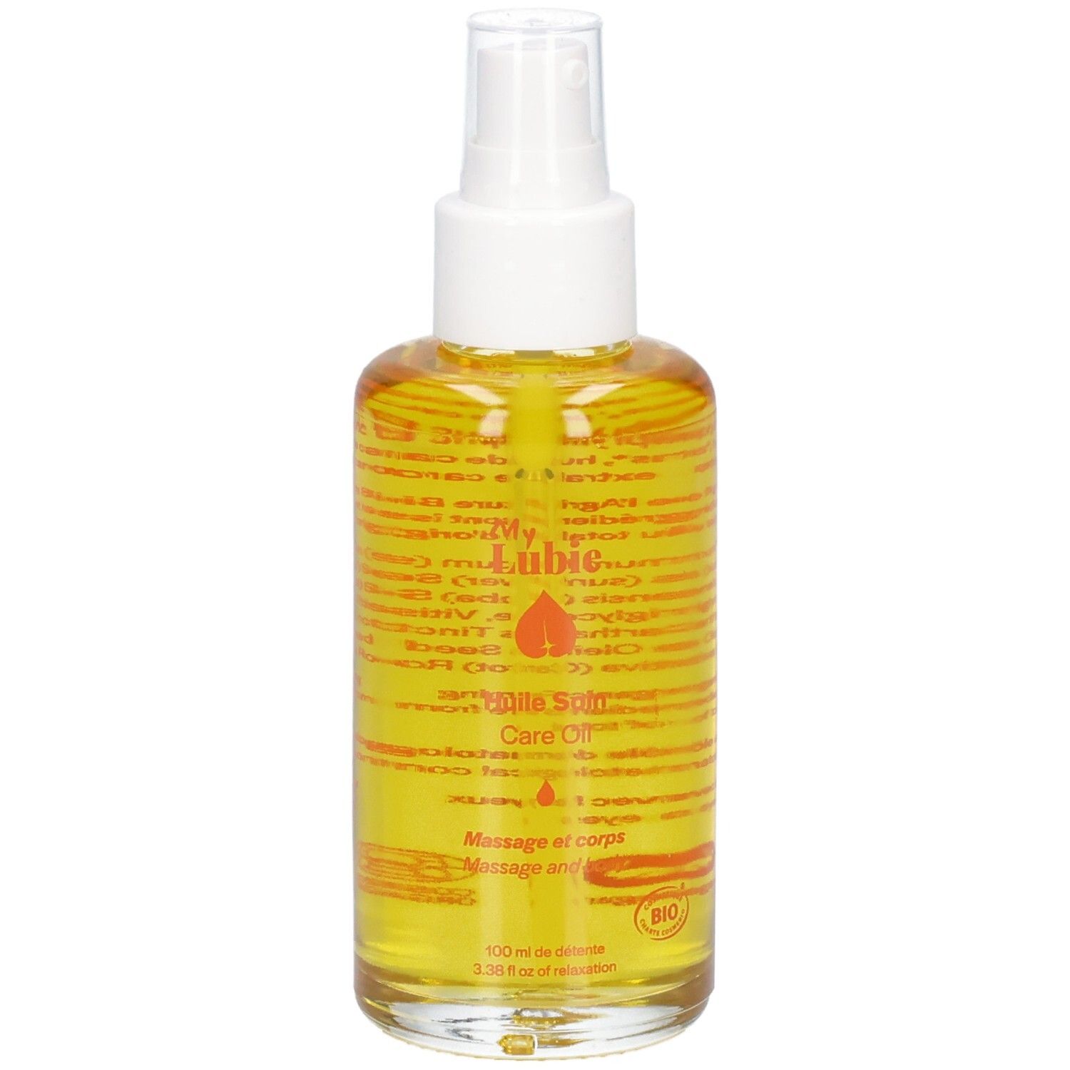 Gelbliche Flüssigkeit in einer Sprühflasche mit weißem Sprühkopf. Aufschrift: My Lubie, Care Oil, Bio-Siegel.
