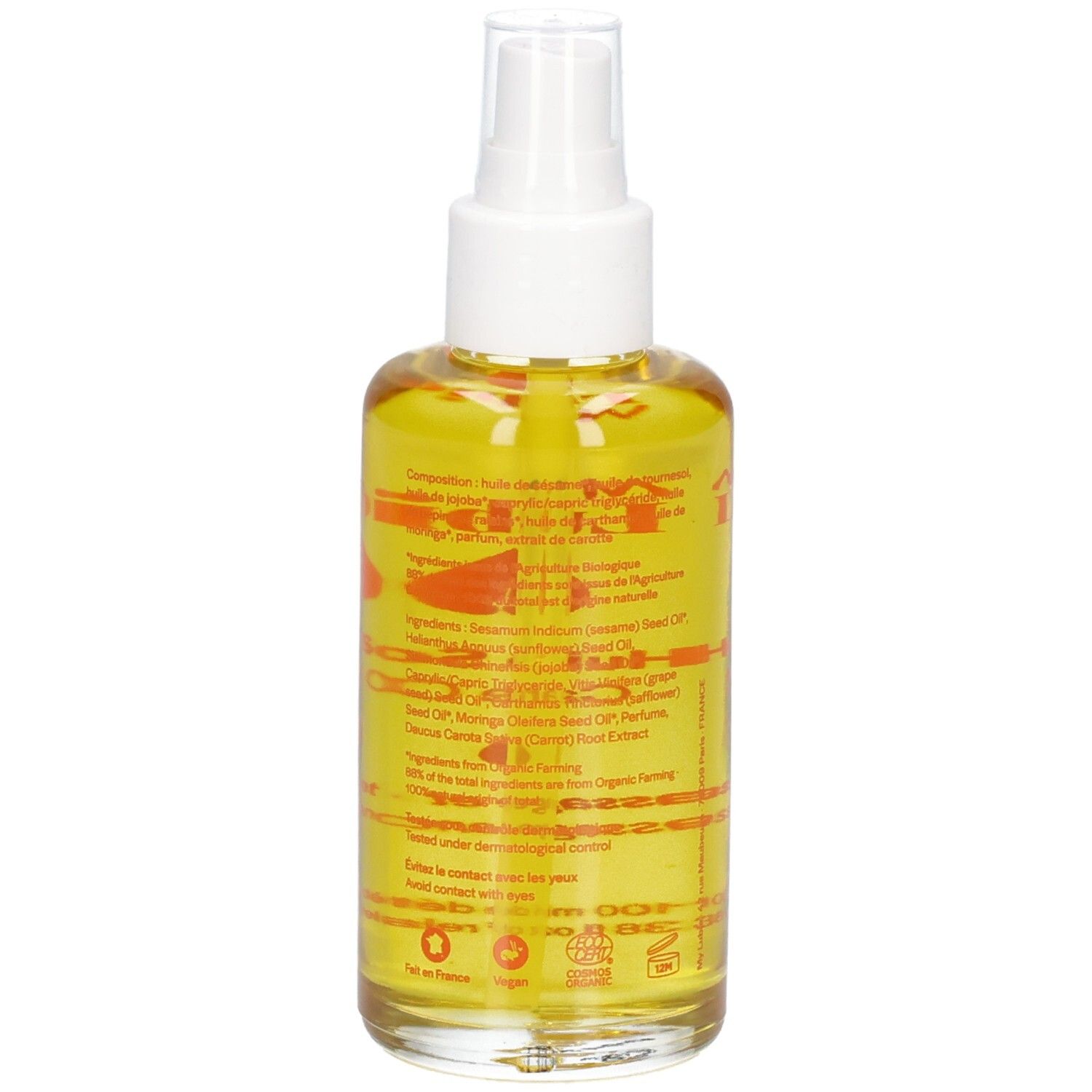 Rückansicht einer Sprühflasche mit gelblicher Flüssigkeit. Text mit Inhaltsstoffen und Bio-Siegel.