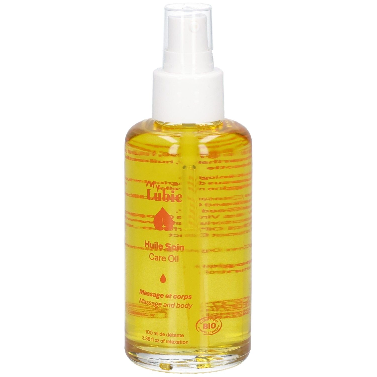 Sprühflasche mit gelblicher Flüssigkeit. Aufschrift: My Lubie, Care Oil, Bio-Siegel.