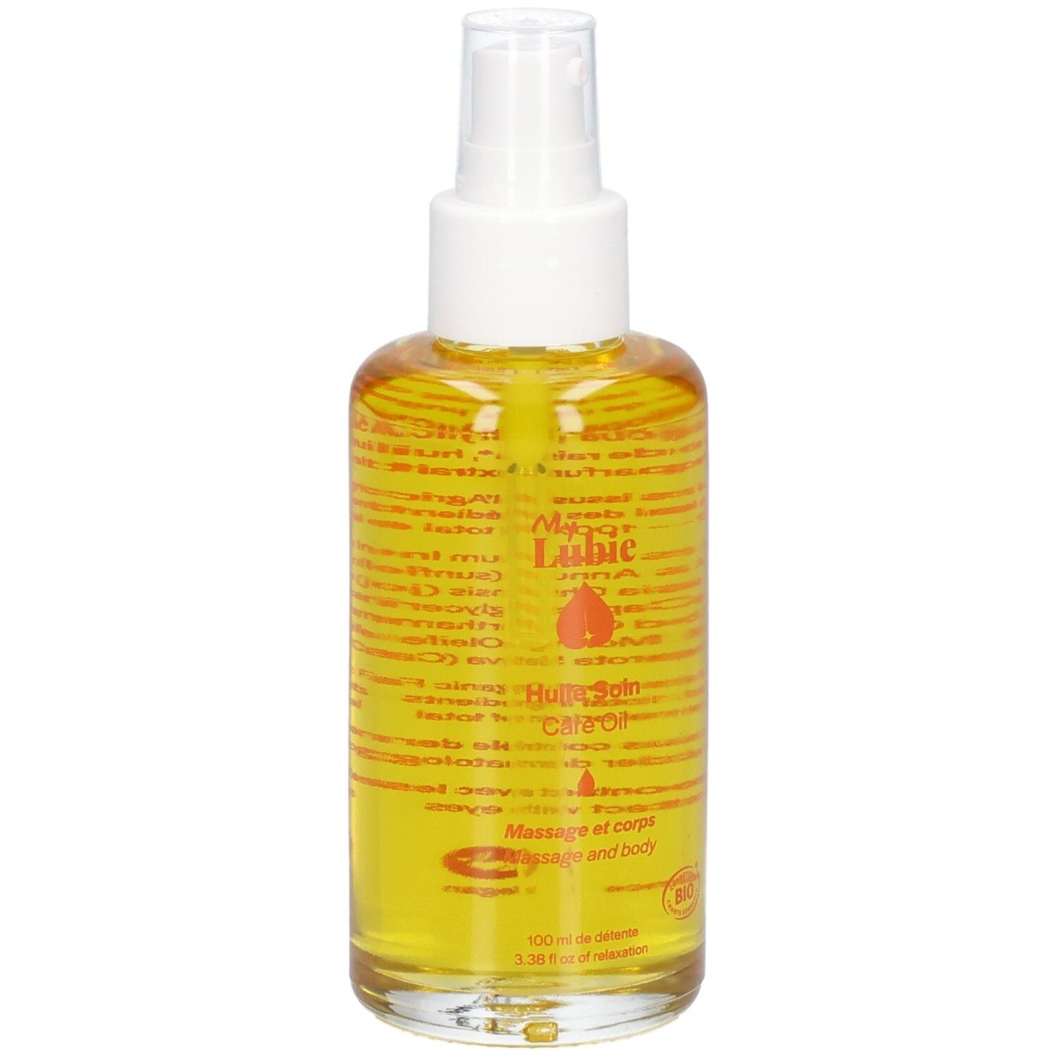 Sprühflasche mit gelblicher Flüssigkeit. Aufschrift: My Lubie, Care Oil, Bio-Siegel.