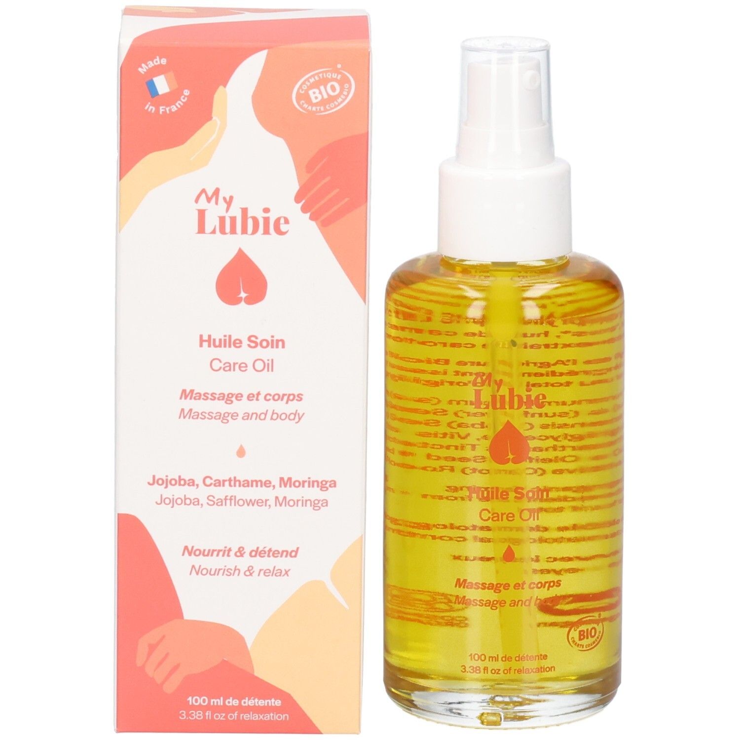 Produktverpackung und Sprühflasche. Aufschrift: My Lubie, Care Oil, Bio-Siegel. Verpackung mit Illustration.