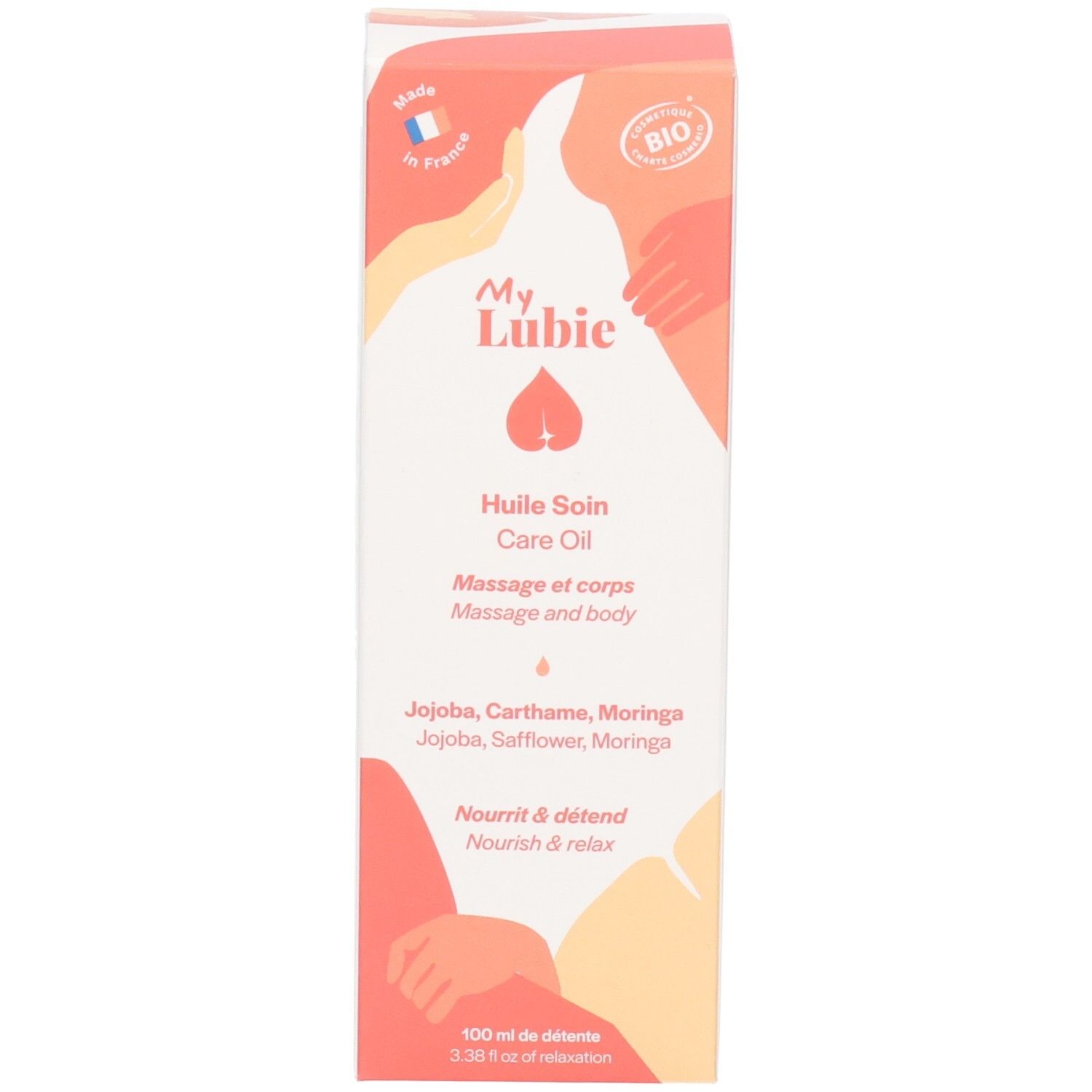 Produktverpackung. Aufschrift: My Lubie, Care Oil, Bio-Siegel. Verpackung mit Illustration.
