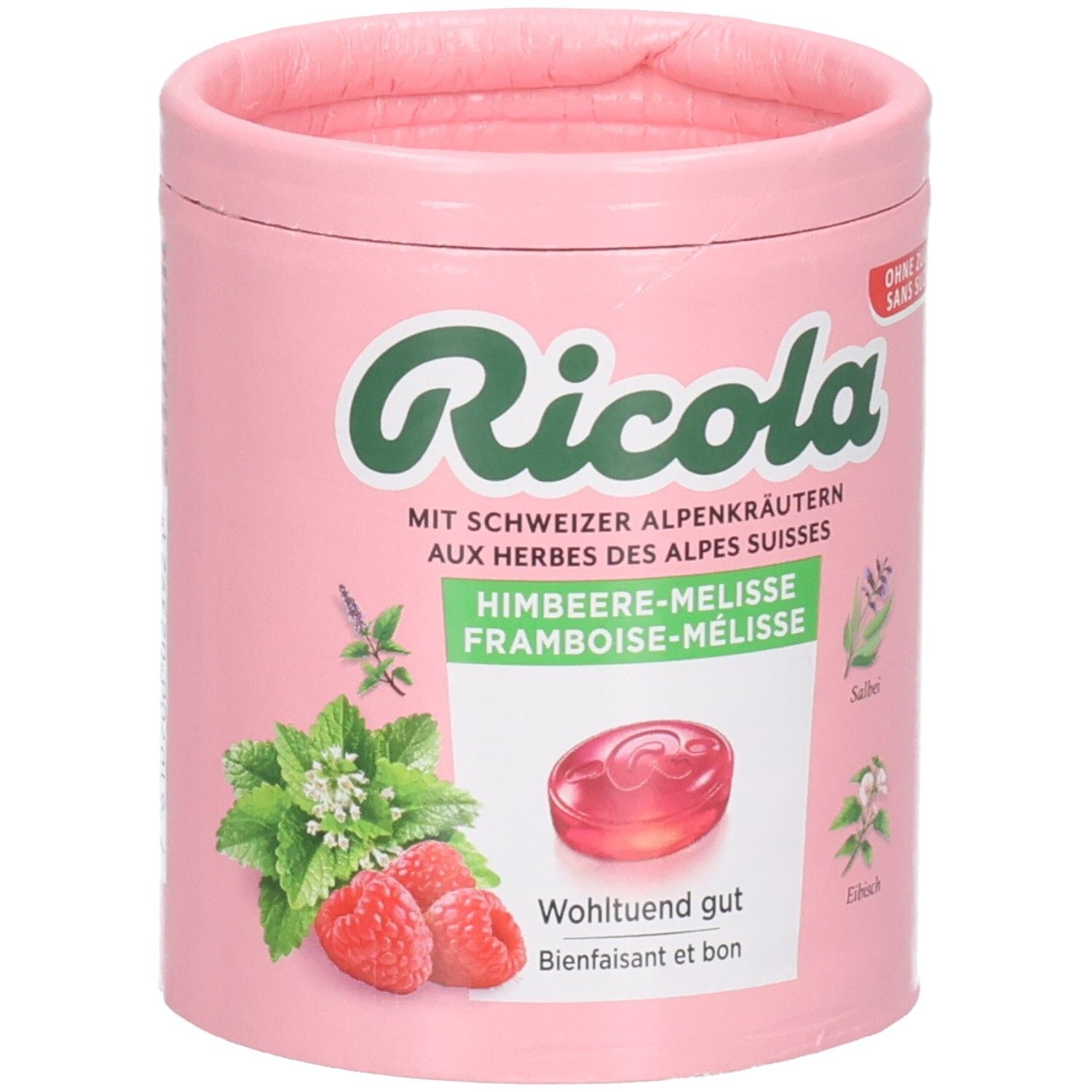 Ricola Himbeer-Melisse Bonbondose, rosa, mit Kräuterabbildungen und einem Bonbon.