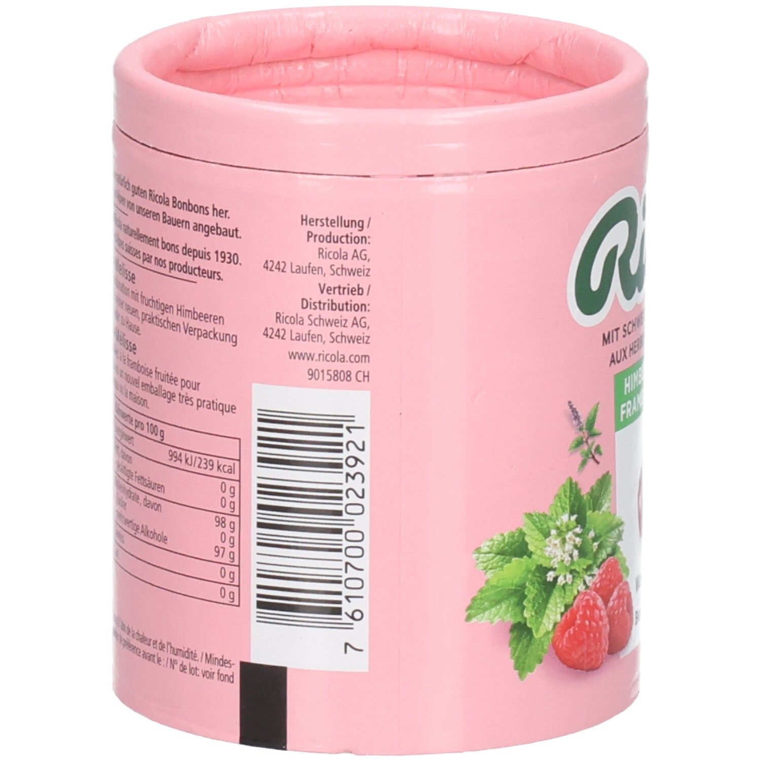 Ricola Bonbondose Rückseite mit Nährwertangaben und Produktionsdetails.