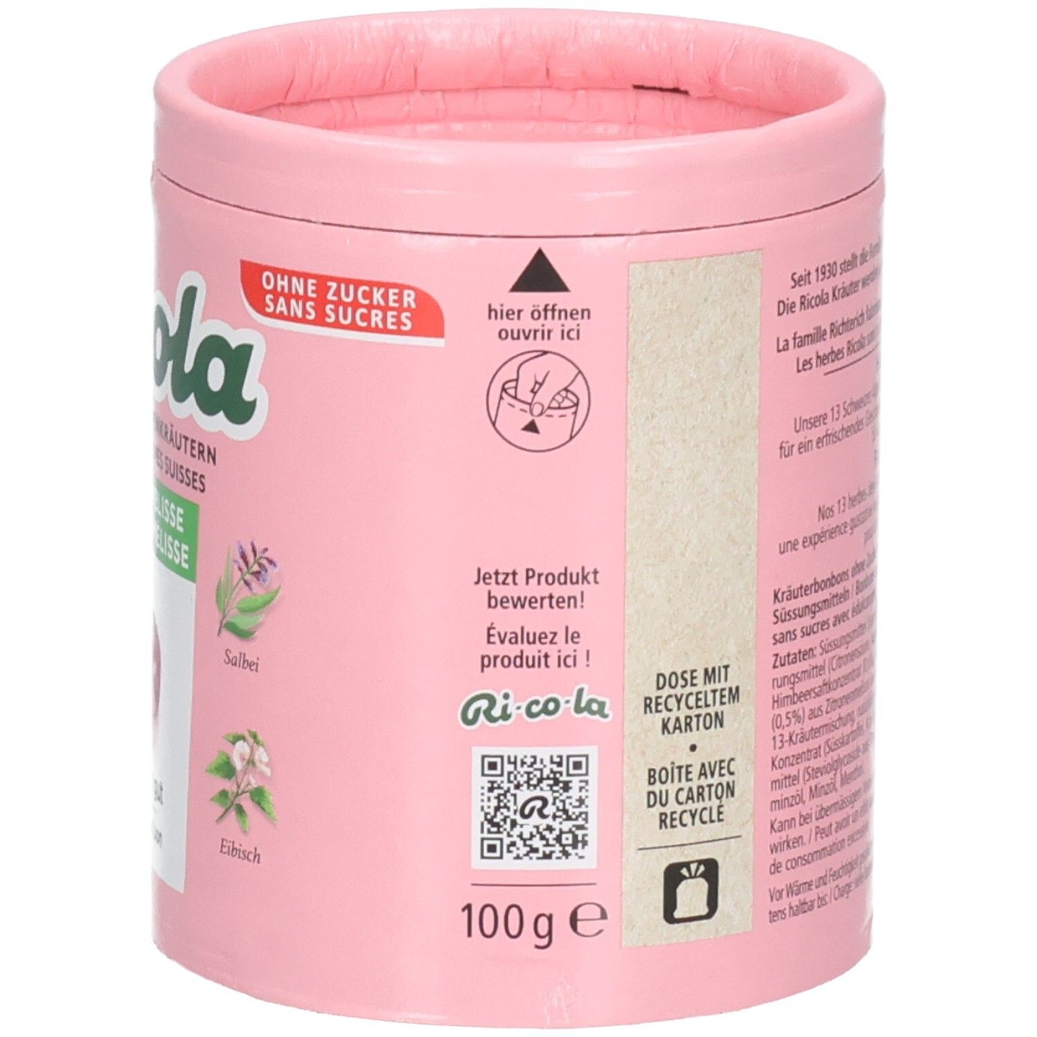 Ricola Bonbondose mit Öffnungshinweis, QR-Code und 100g Angabe.