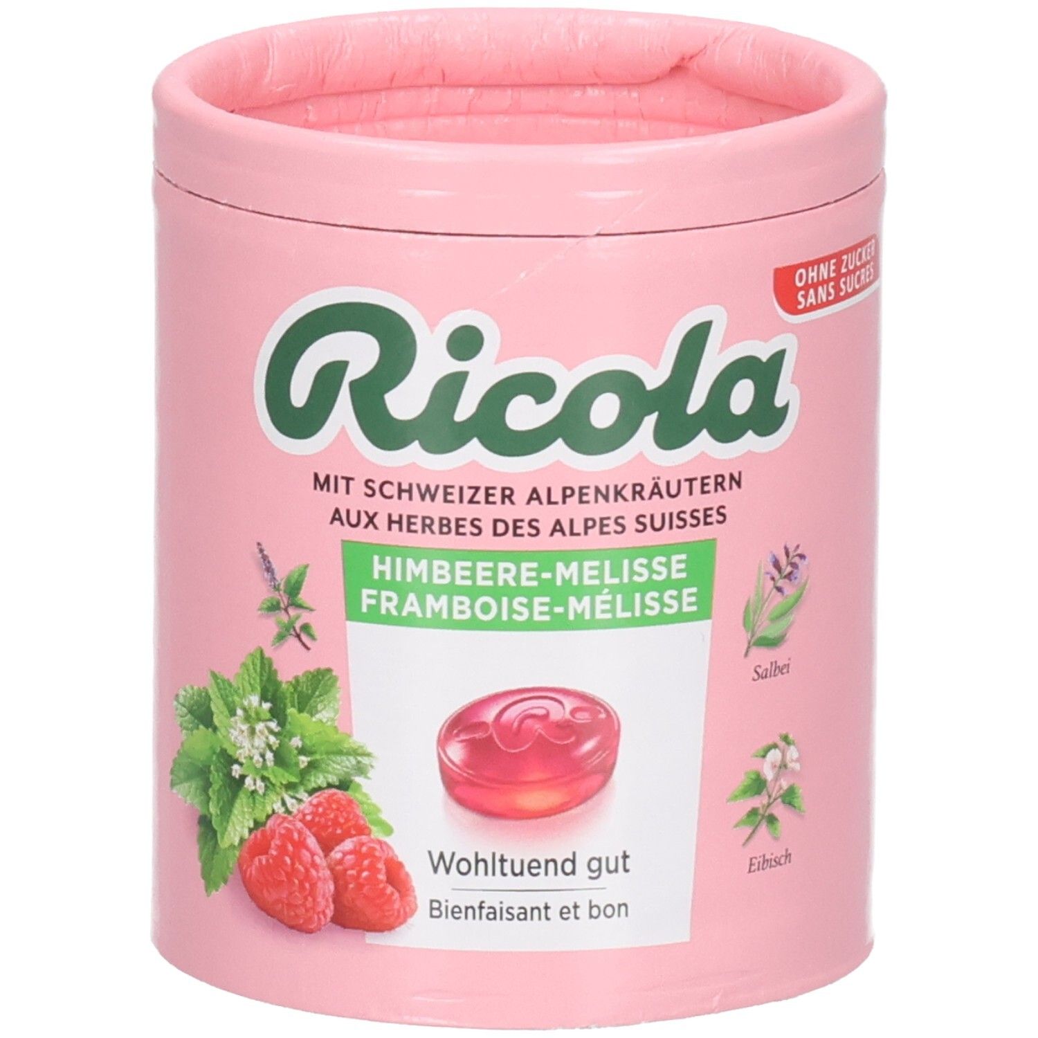 Ricola Himbeer-Melisse Bonbondose, rosa, mit Kräuterabbildungen, Bonbon und "Ohne Zucker" Aufdruck.