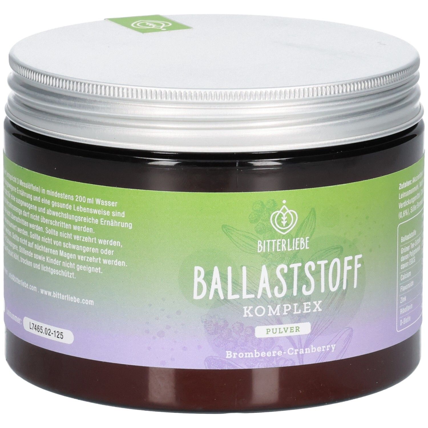 Braune Dose mit silbernem Deckel. Aufschrift: BitterLiebe, Ballaststoff Komplex, Pulver, Brombeere-Cranberry. Grün-lila Etikett.