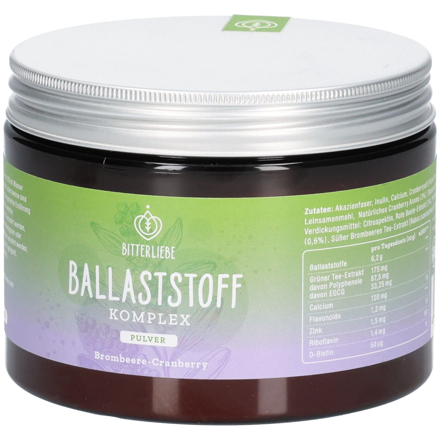 Braune Dose mit silbernem Deckel. Aufschrift: BitterLiebe, Ballaststoff Komplex, Pulver, Brombeere-Cranberry. Grün-lila Etikett. Zutatenliste.