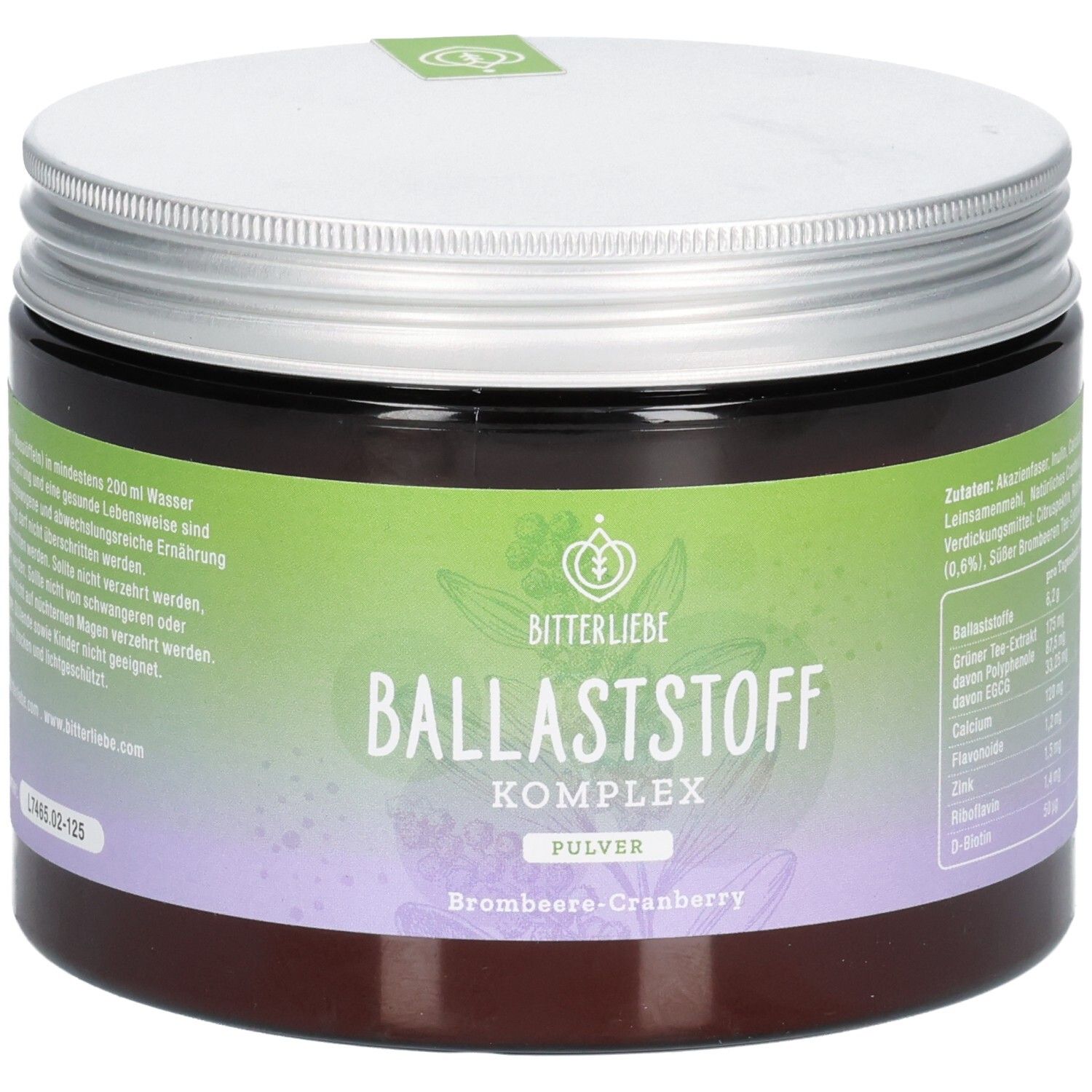 Braune Dose mit silbernem Deckel. Aufschrift: BitterLiebe, Ballaststoff Komplex, Pulver, Brombeere-Cranberry. Grün-lila Etikett. Zutatenliste.