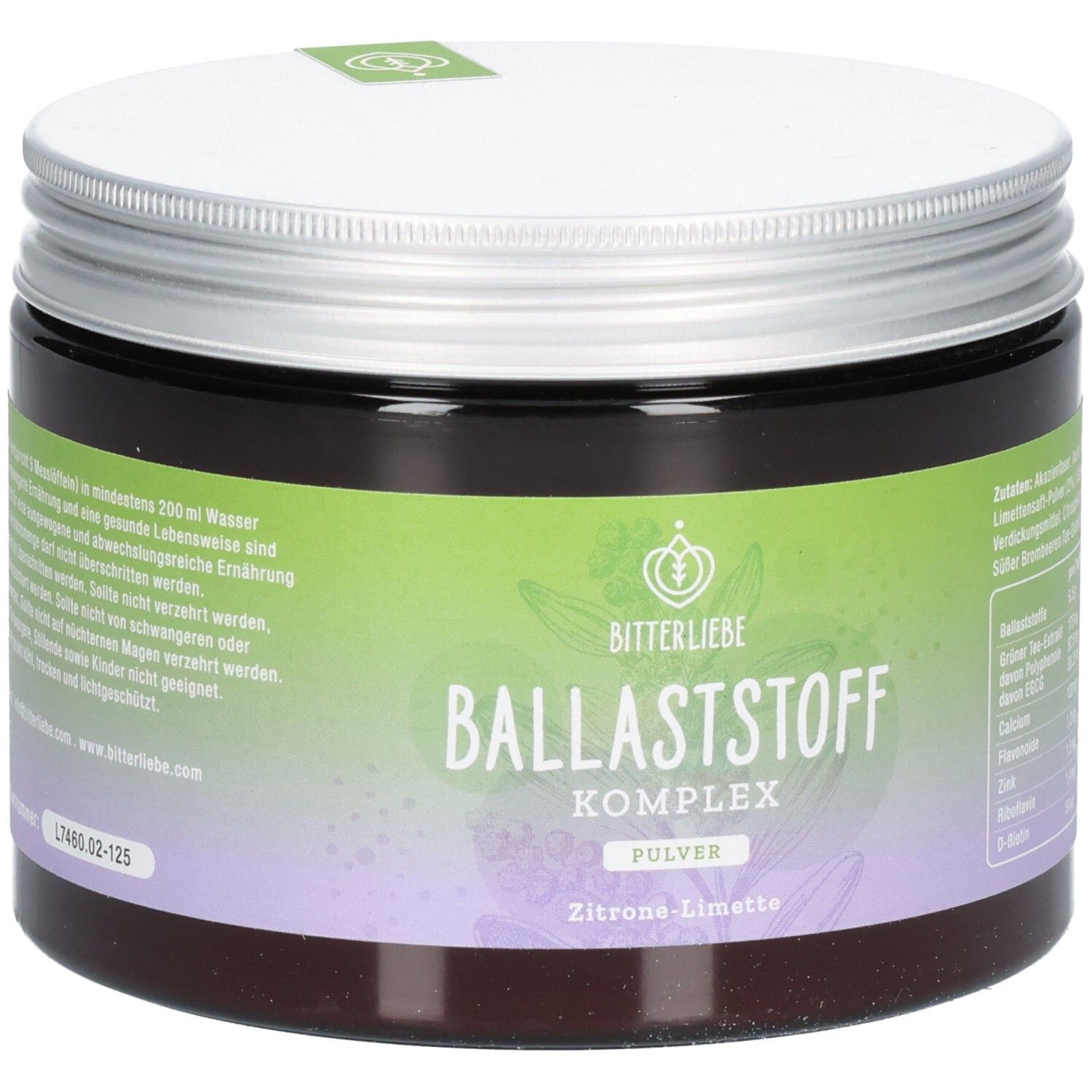 Braune Dose mit Deckel. Aufschrift: BitterLiebe Ballaststoff Komplex Pulver. Zitronen-Limette. Grüner Aufkleber.