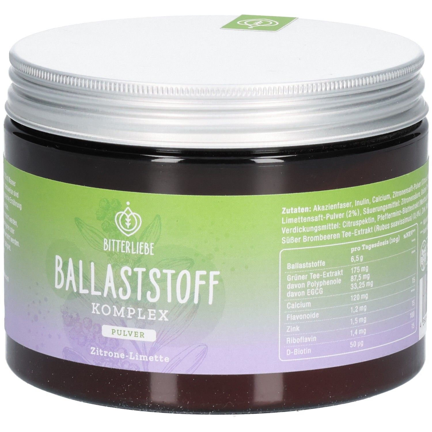 Dose mit Deckel. Aufschrift: BitterLiebe Ballaststoff Komplex Pulver. Zitronen-Limette. Zutatenliste und Nährwertangaben.