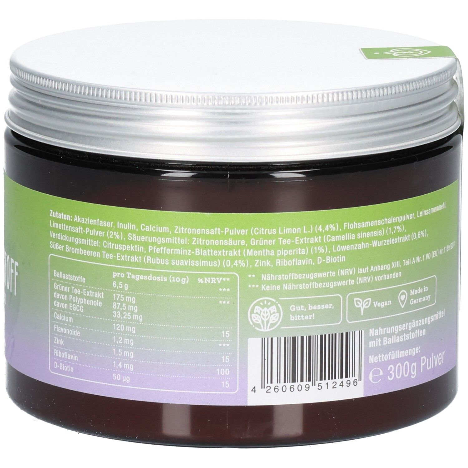 Rückseite der Dose. Zutatenliste und Nährwertangaben. Text: 300g Pulver. Vegan. Made in Germany.
