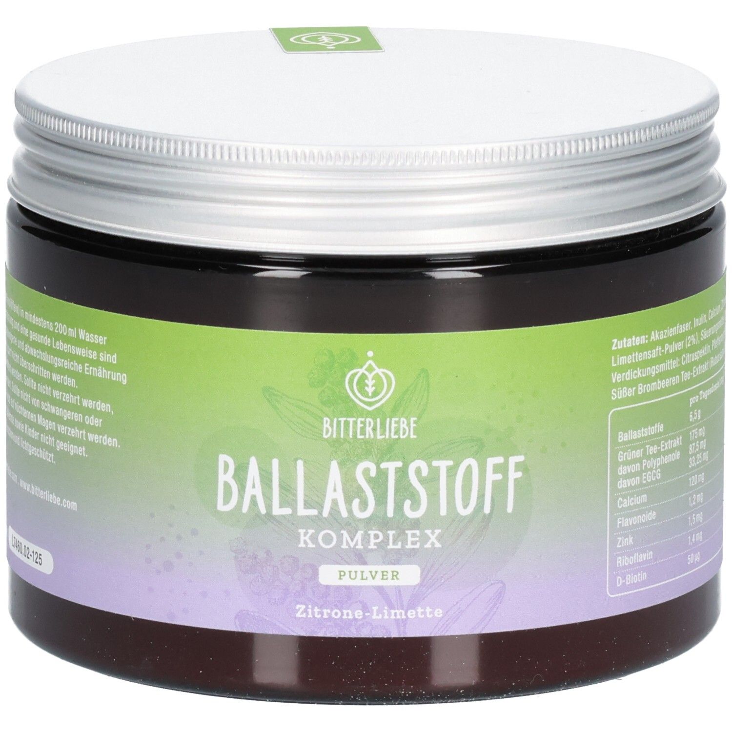Braune Dose mit Deckel. Aufschrift: BitterLiebe Ballaststoff Komplex Pulver. Zitronen-Limette. Grüner Aufkleber.