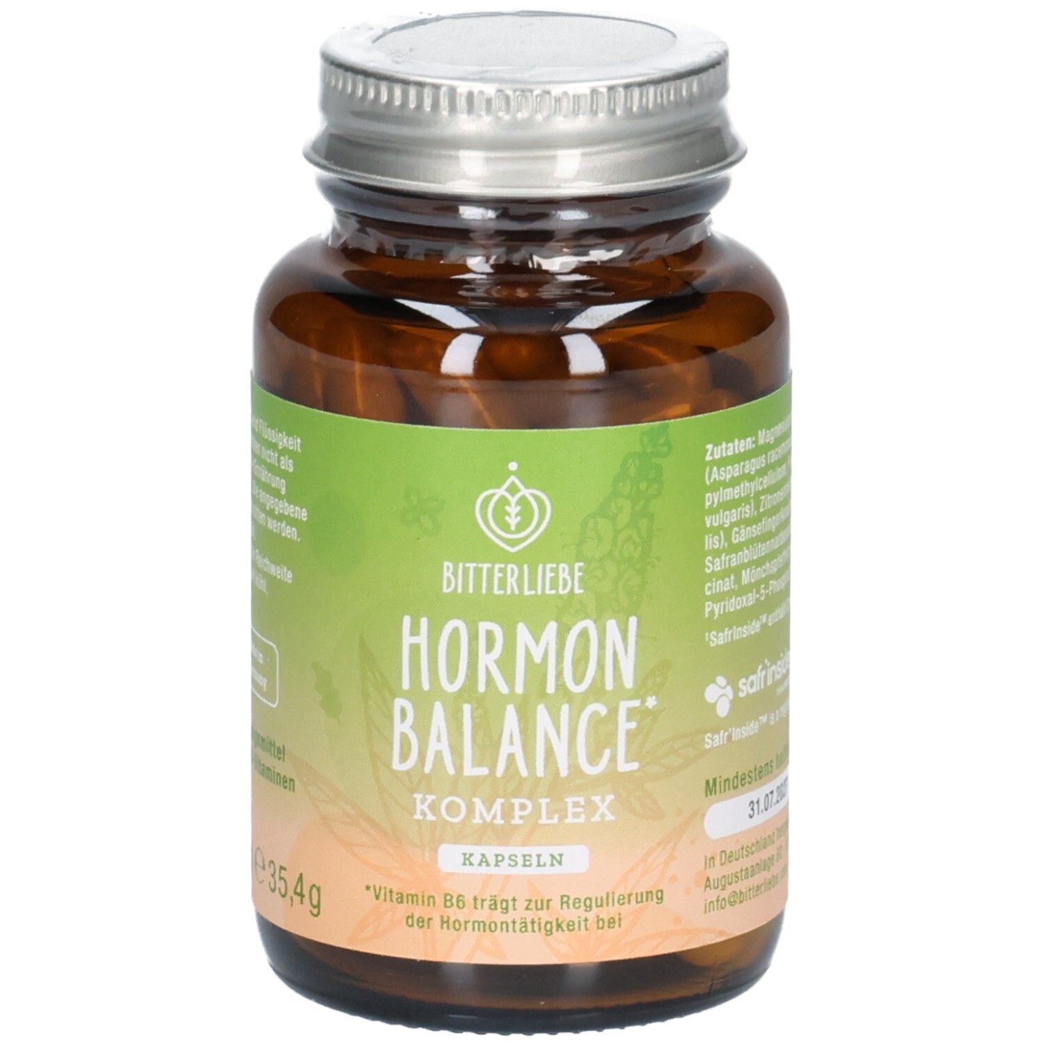 Braune Glasflasche mit Kapseln. Aufschrift: BitterLiebe Hormon Balance Komplex. Deckel silberfarben.