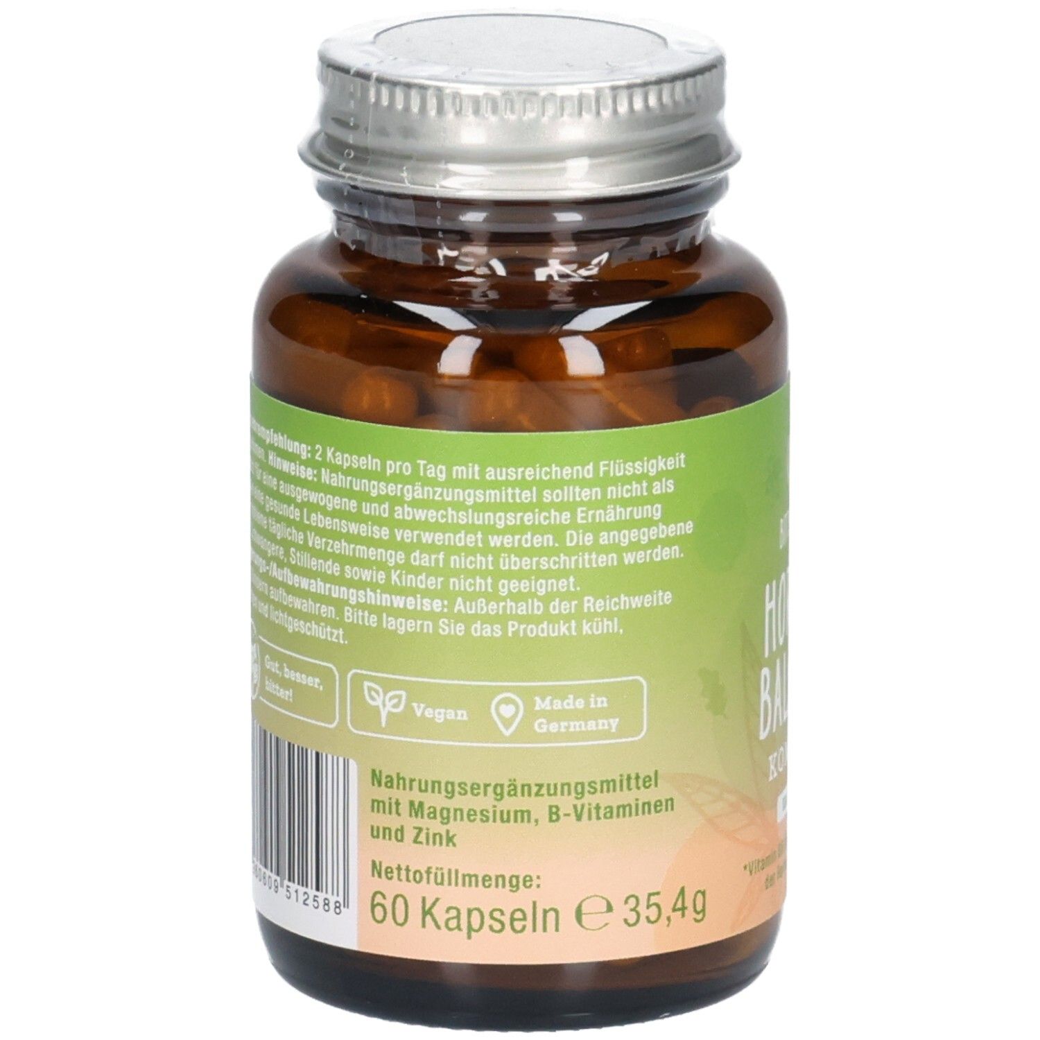 Rückseite der braunen Glasflasche mit Kapseln. Aufschrift: BitterLiebe Hormon Balance Komplex. Vegan-Logo.