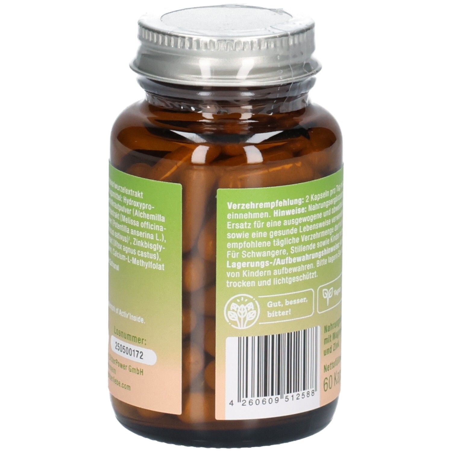 Braune Glasflasche mit Kapseln. Aufschrift: BitterLiebe Hormon Balance Komplex. Zutatenliste und Barcode.