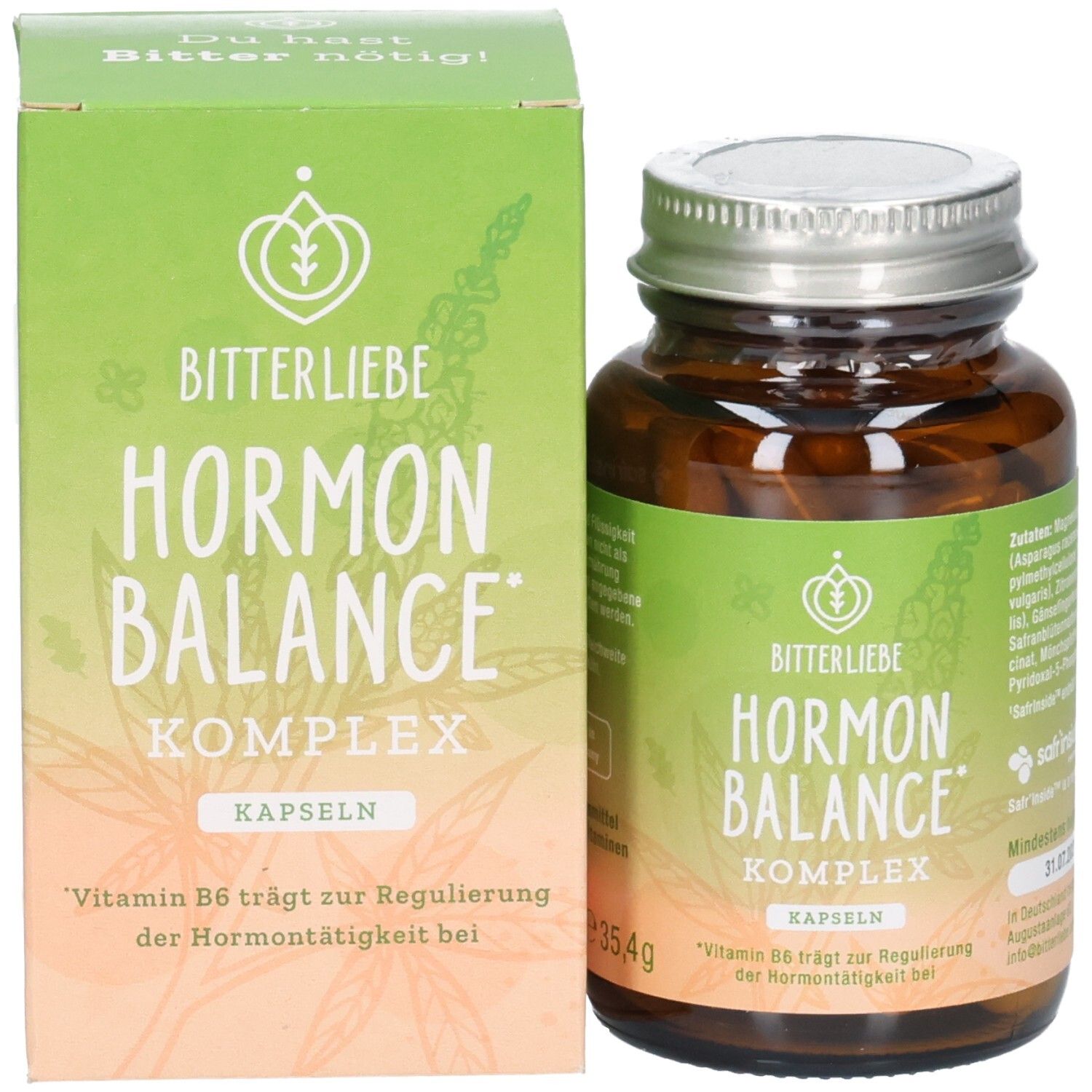 Braune Glasflasche mit Kapseln und Karton. Aufschrift: BitterLiebe Hormon Balance Komplex. Verpackung.