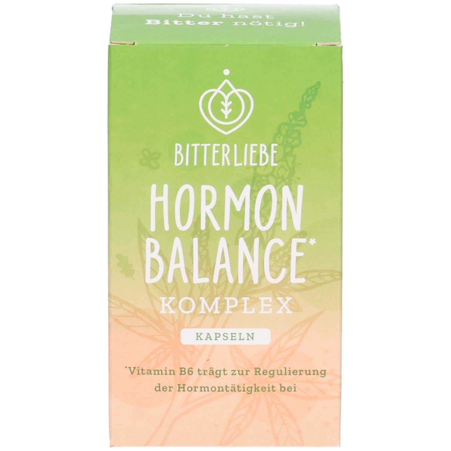 Grüne Produktverpackung. Aufschrift: BitterLiebe Hormon Balance Komplex. Text: Vitamin B6 trägt zur Regulierung.