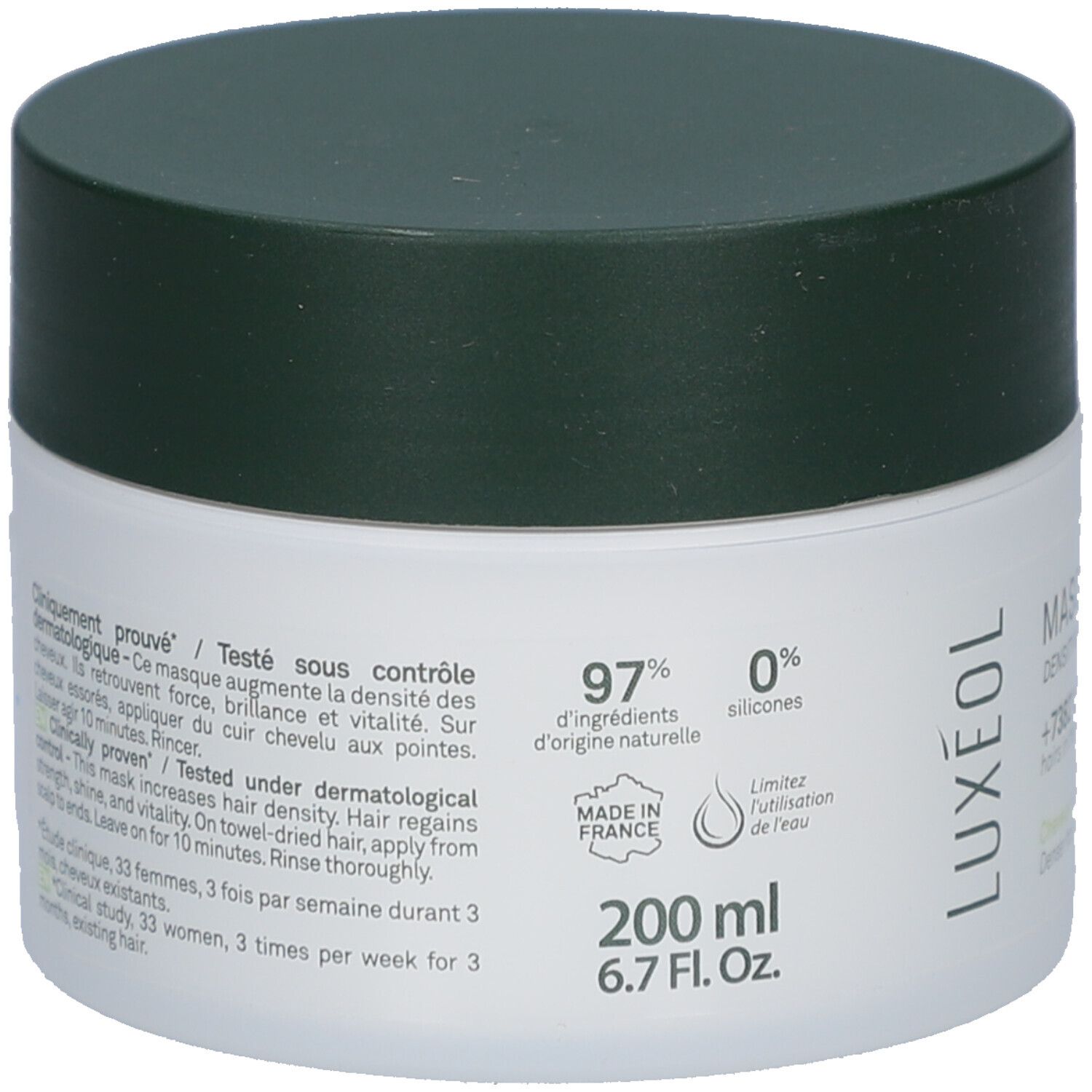 Weißer Tiegel mit grünem Deckel. Rückseite mit Text: Getestet unter dermatologischer Kontrolle. 97% Inhaltsstoffe natürlichen Ursprungs. 200 ml.