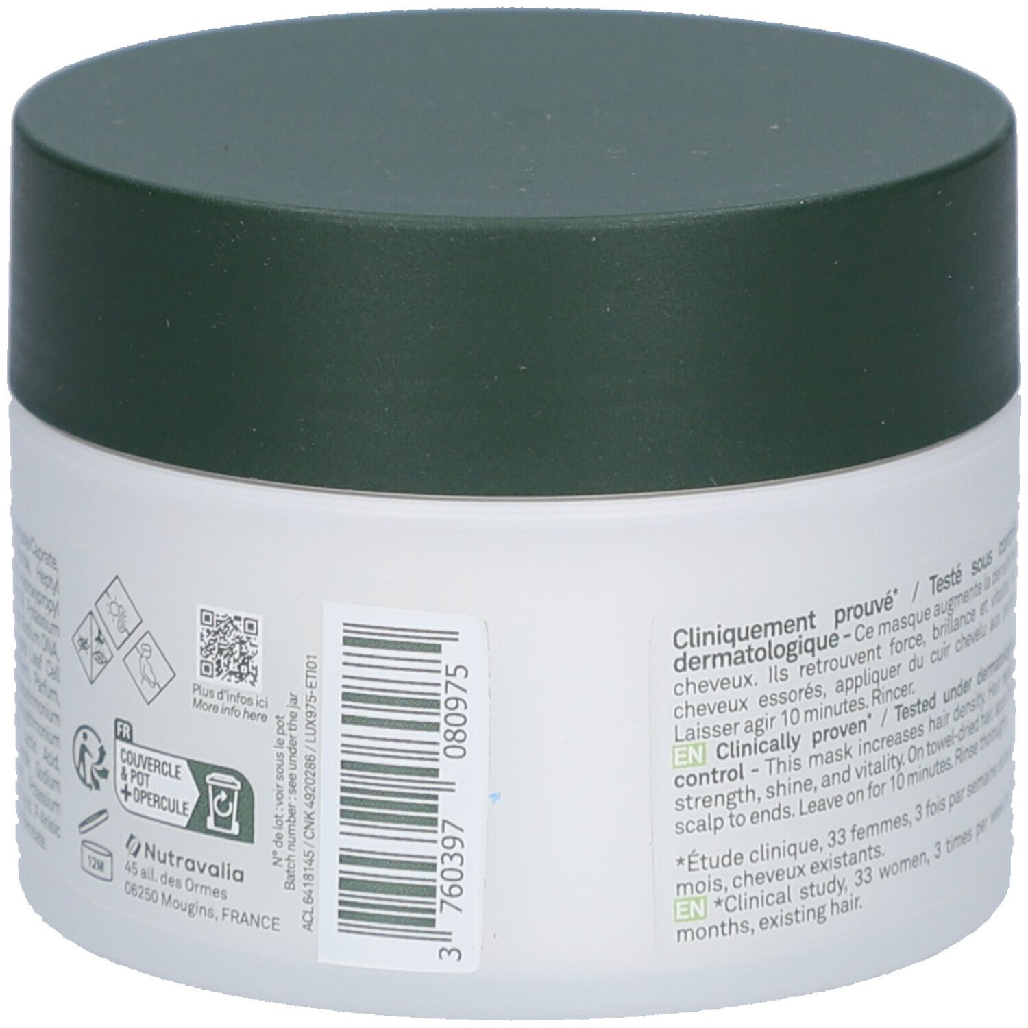Weißer Tiegel mit grünem Deckel. Rückseite mit Text und QR-Code. Text: Clinisch getestet. Hergestellt in Frankreich. Chargennummer.
