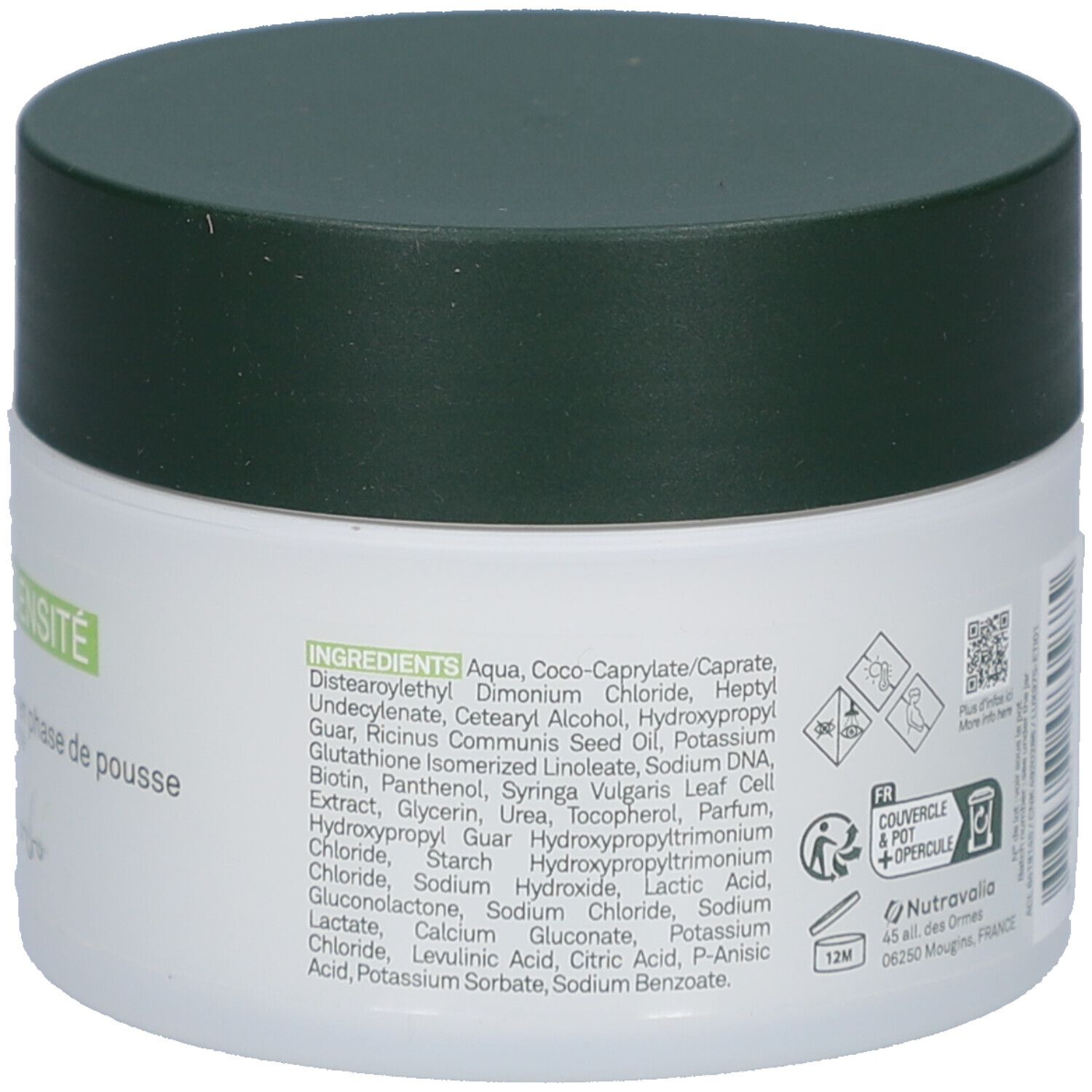 Weißer Tiegel mit grünem Deckel. Rückseite mit Inhaltsstoffen. Text: Aqua, Coco-Caprylate/Caprate, etc. QR-Code. 12M.