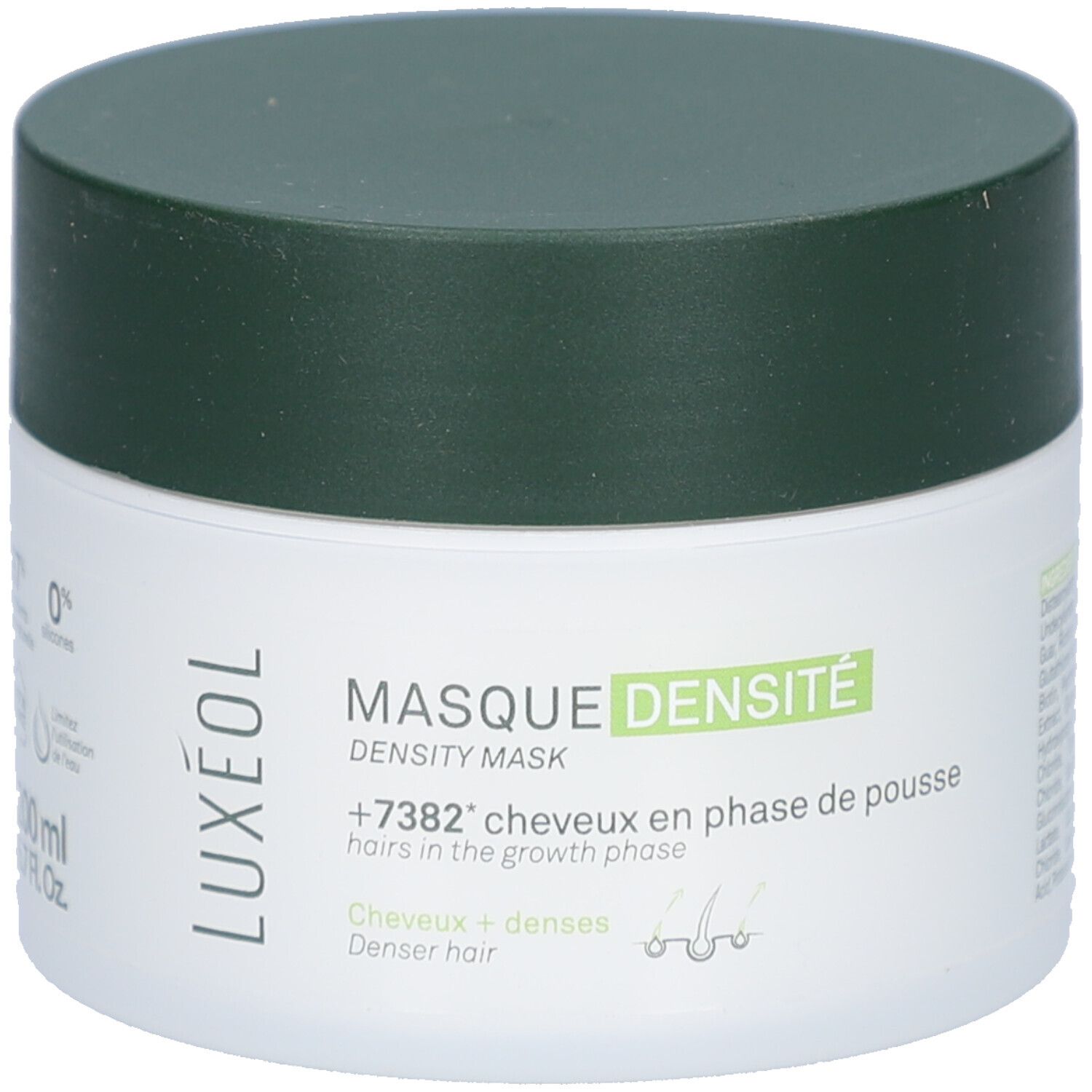 Weißer Tiegel mit grünem Deckel. Aufschrift LUXÉOL und MASQUE DENSITÉ. Text: +7382* Haare in der Wachstumsphase. Denser hair.