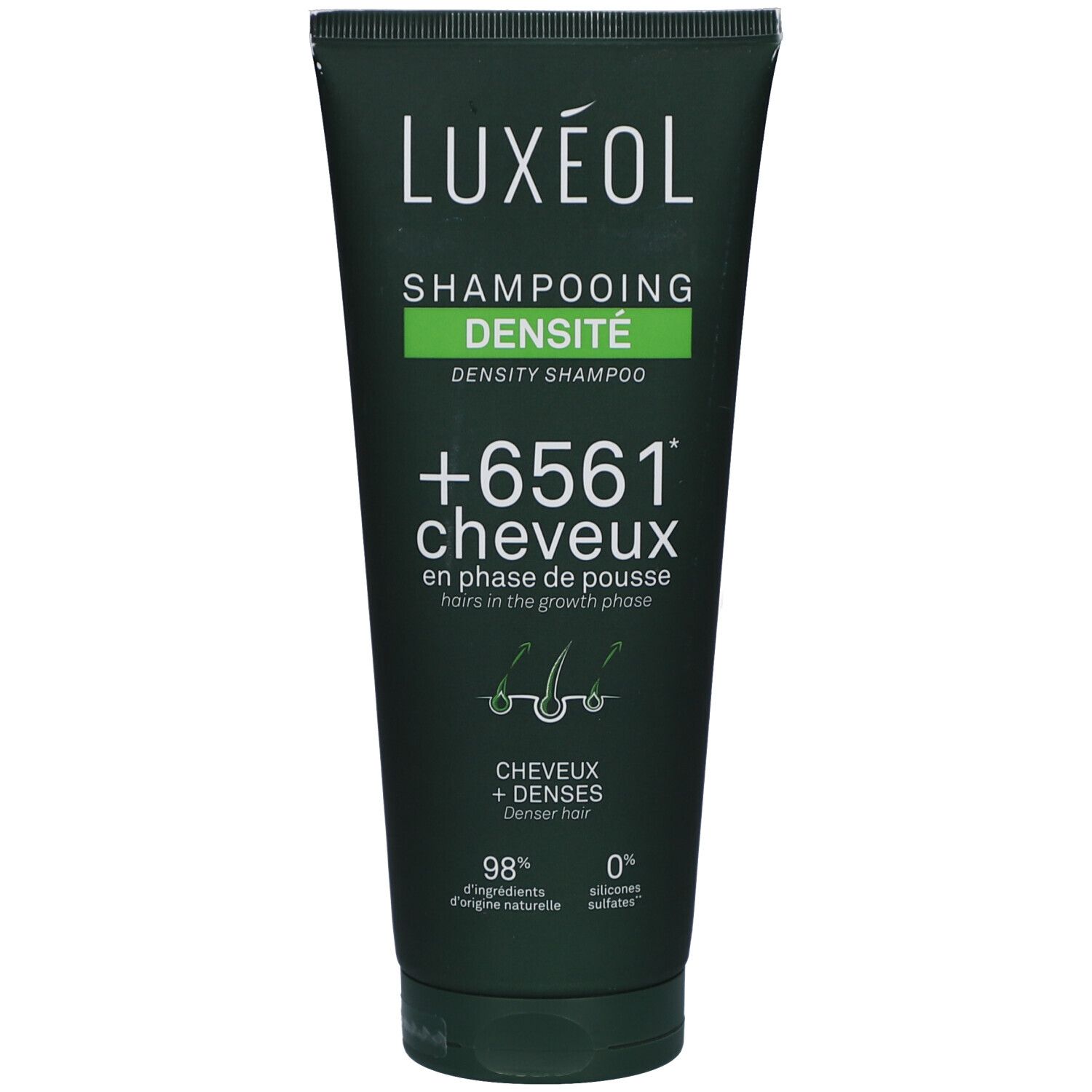 Tube vert LUXÉOL Shampoing densité. Texte: +6561 cheveux, 98% ingrédients d'origine naturelle, 0% sulfates.