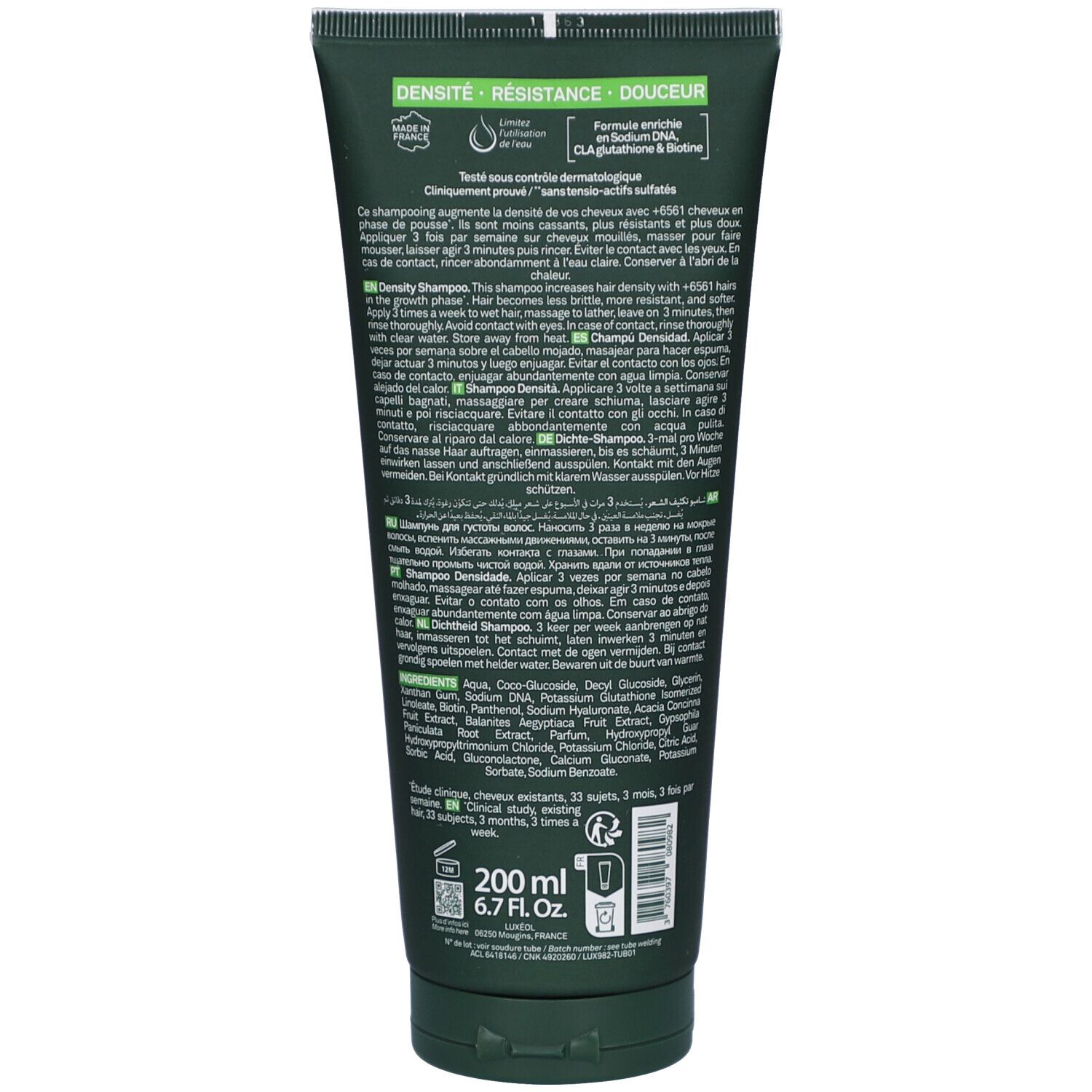 Dos du tube vert LUXÉOL Shampoing. Texte: DENSITÉ, 200 ml, 6.7 FL.OZ. Ingrédients et mode d'emploi.