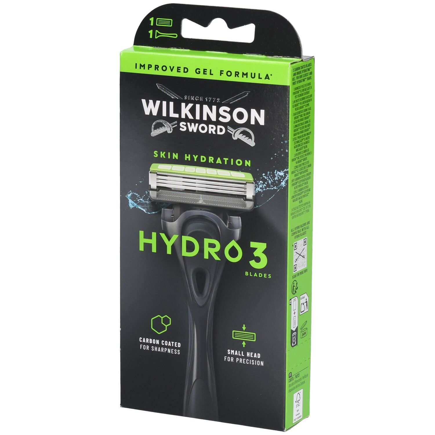 Wilkinson Sword Hydro 3 Rasierer mit 3 Klingen und Hautfeuchtigkeit. Carbonbeschichtet für Schärfe.