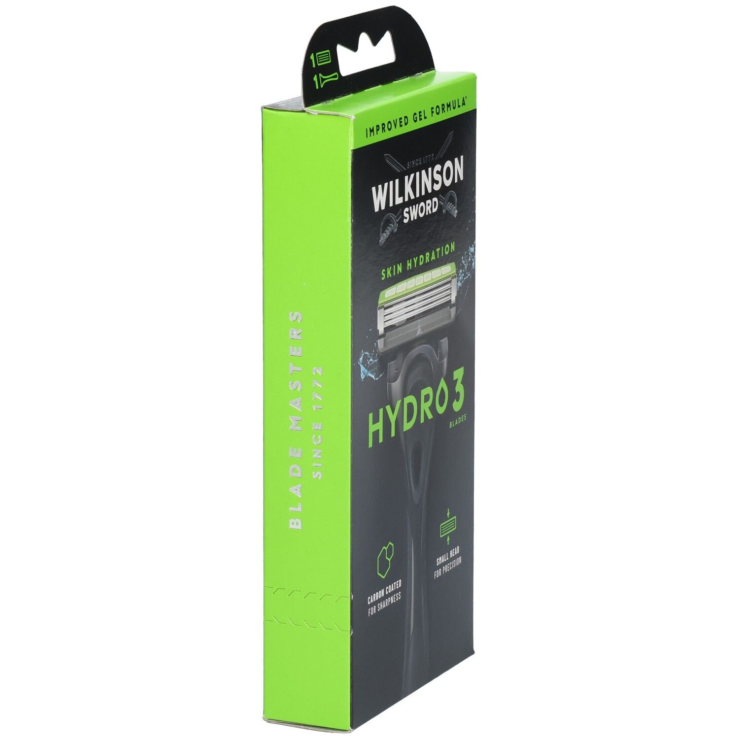 Verpackung für Wilkinson Sword Hydro3 Rasierer mit drei Klingen und Hautfeuchtigkeitspflege.