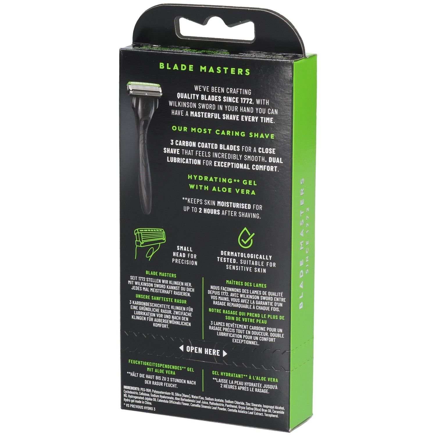 Verpackung eines Rasierers mit drei Klingen und feuchtigkeitsspendendem Gel.