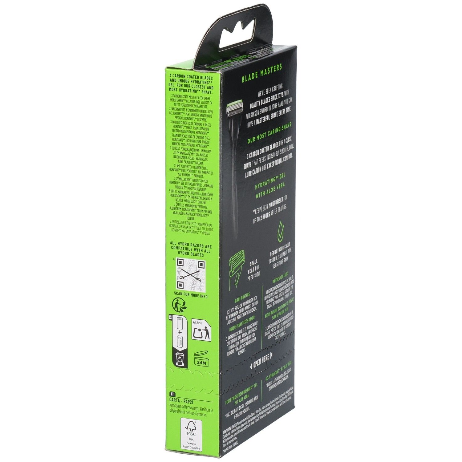 Schwarze und grüne Verpackung für Rasierklingen mit Produktinformationen und QR-Codes.