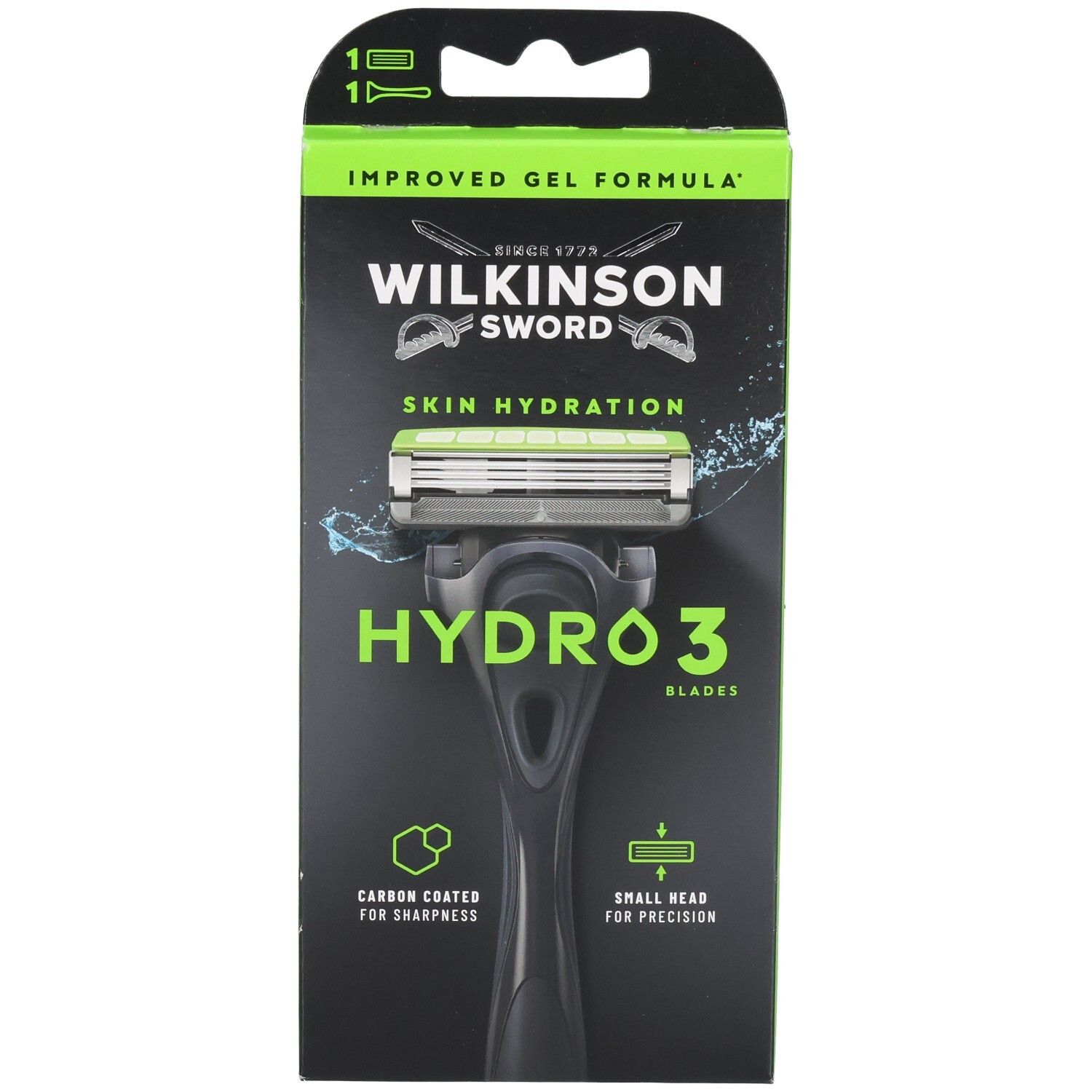 Wilkinson Sword Hydro 3 Rasierer mit Hautfeuchtigkeit und verbesserter Gelformel. Carbonbeschichtet für Schärfe.