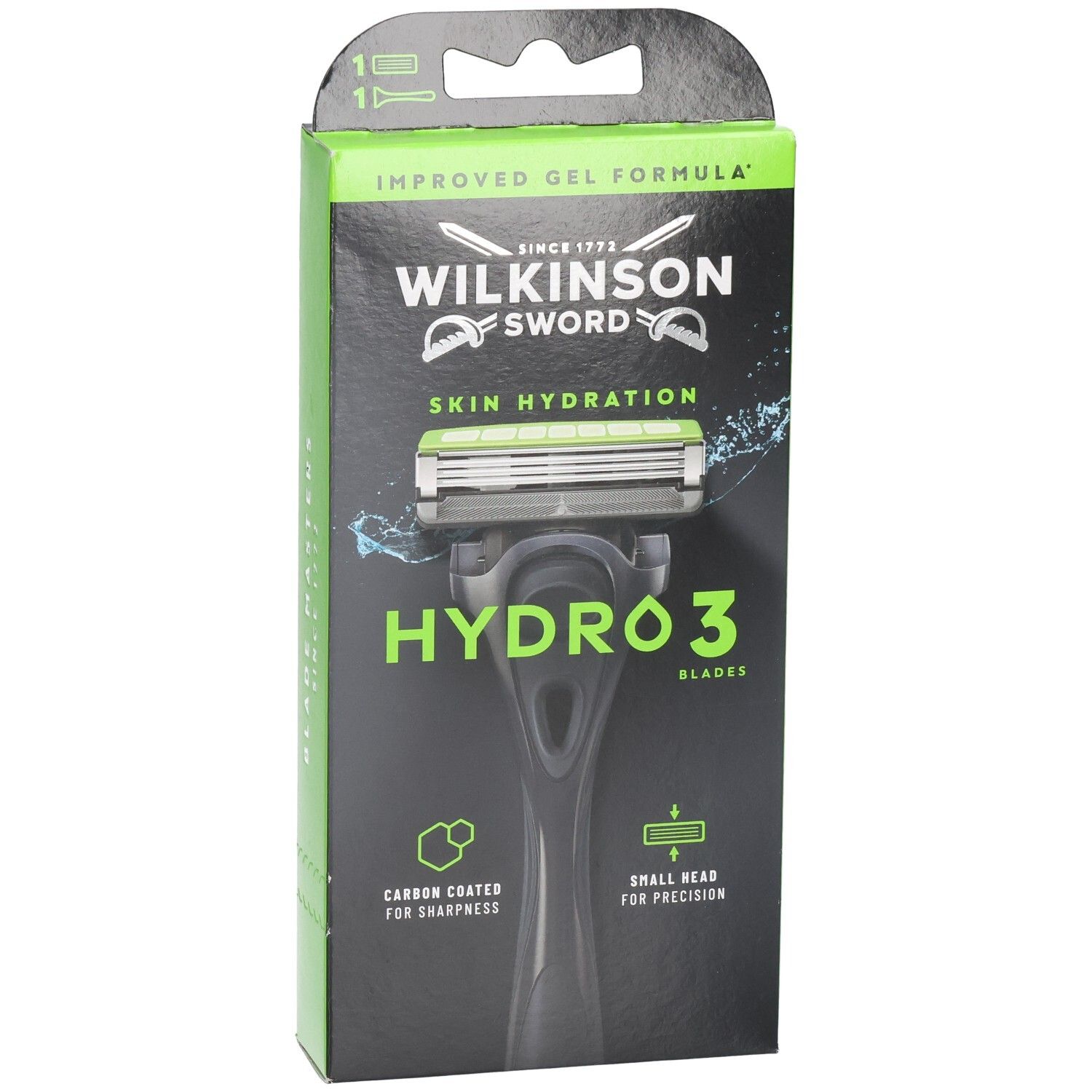 Verpackung für Wilkinson Sword Hydro 3 Rasierer mit drei Klingen, Hautfeuchtigkeit und verbesserter Gelformel.