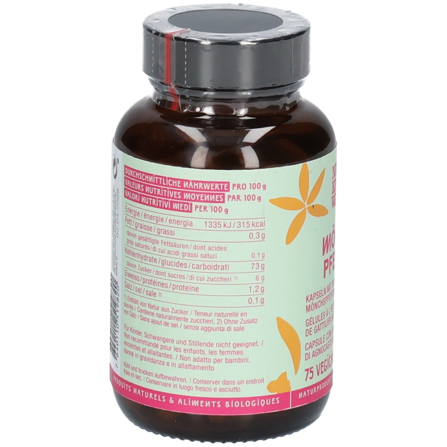 Rückseite der Flasche mit Nährwertangaben und Zutatenliste für Mönchspfeffer Extrakt Bio.