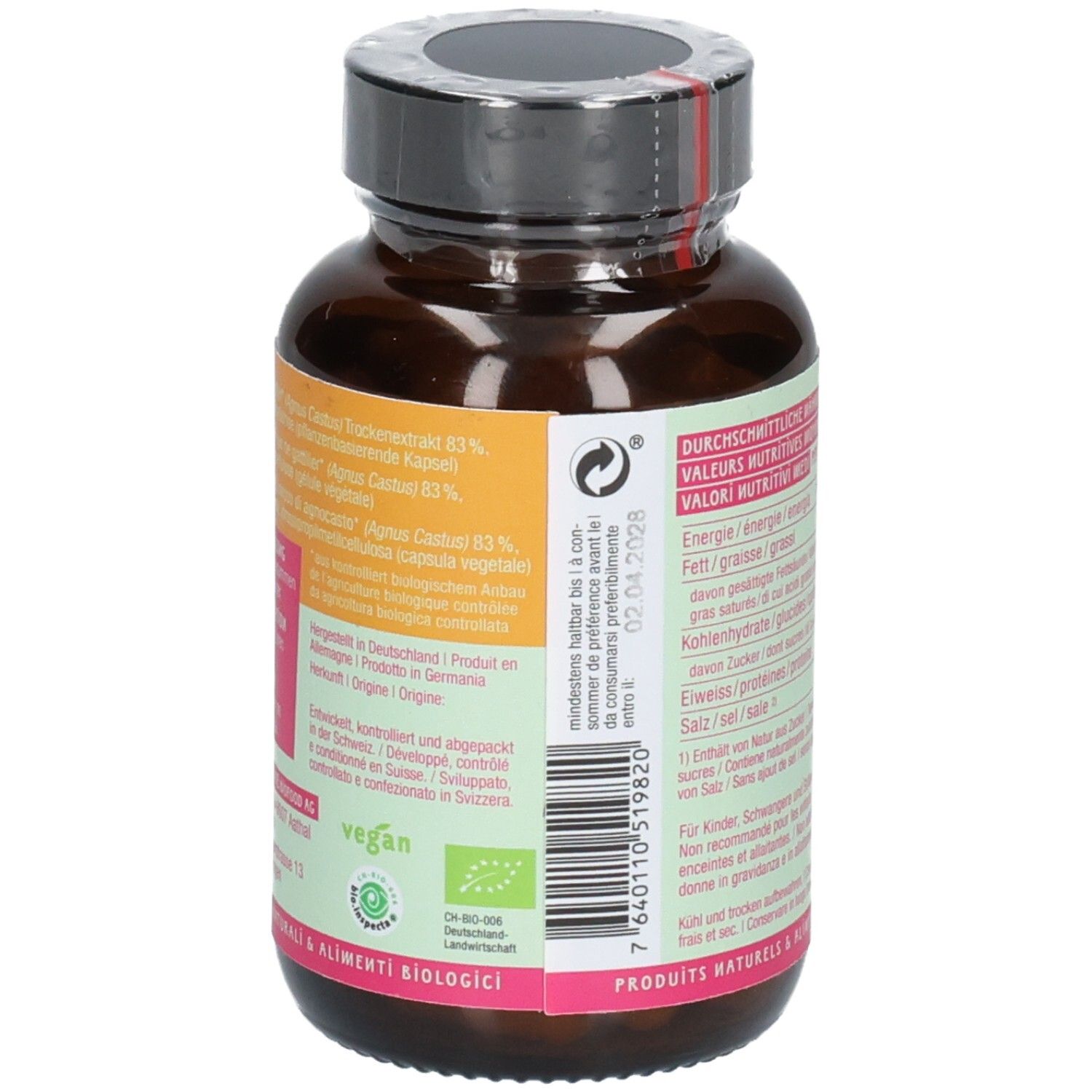 Seitenansicht der Flasche mit Bio-Siegel, vegan-Logo und Verfallsdatum.
