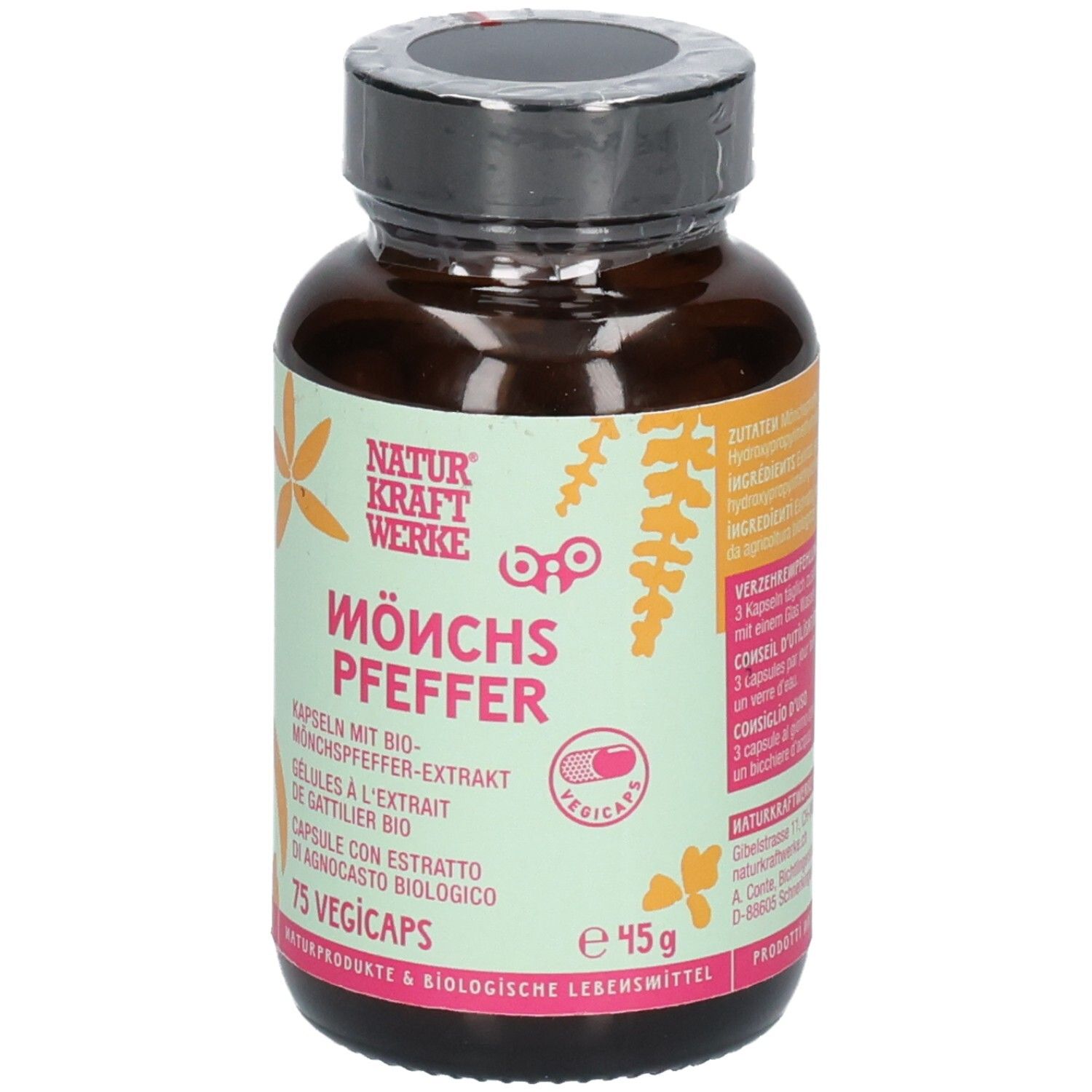 Flasche mit grünem Etikett, zeigt 75 Vegicaps Mönchspfeffer Extrakt Bio und 45g.